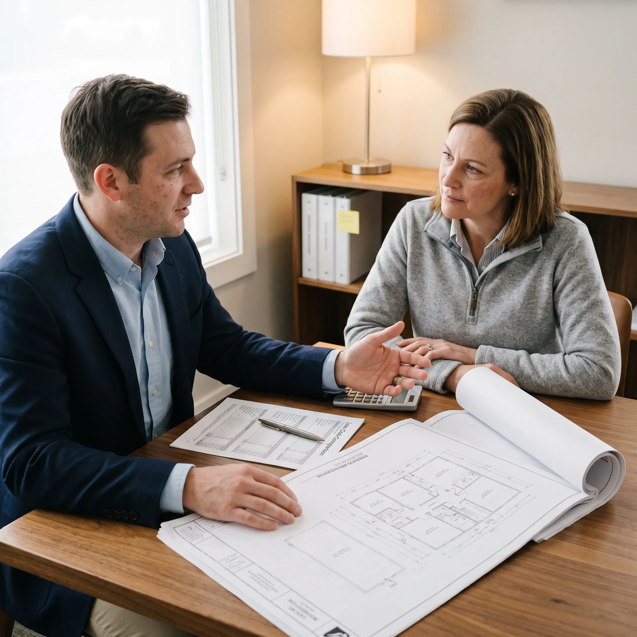 Mortgage advisor explaining renovation loan costs beside home improvement plans