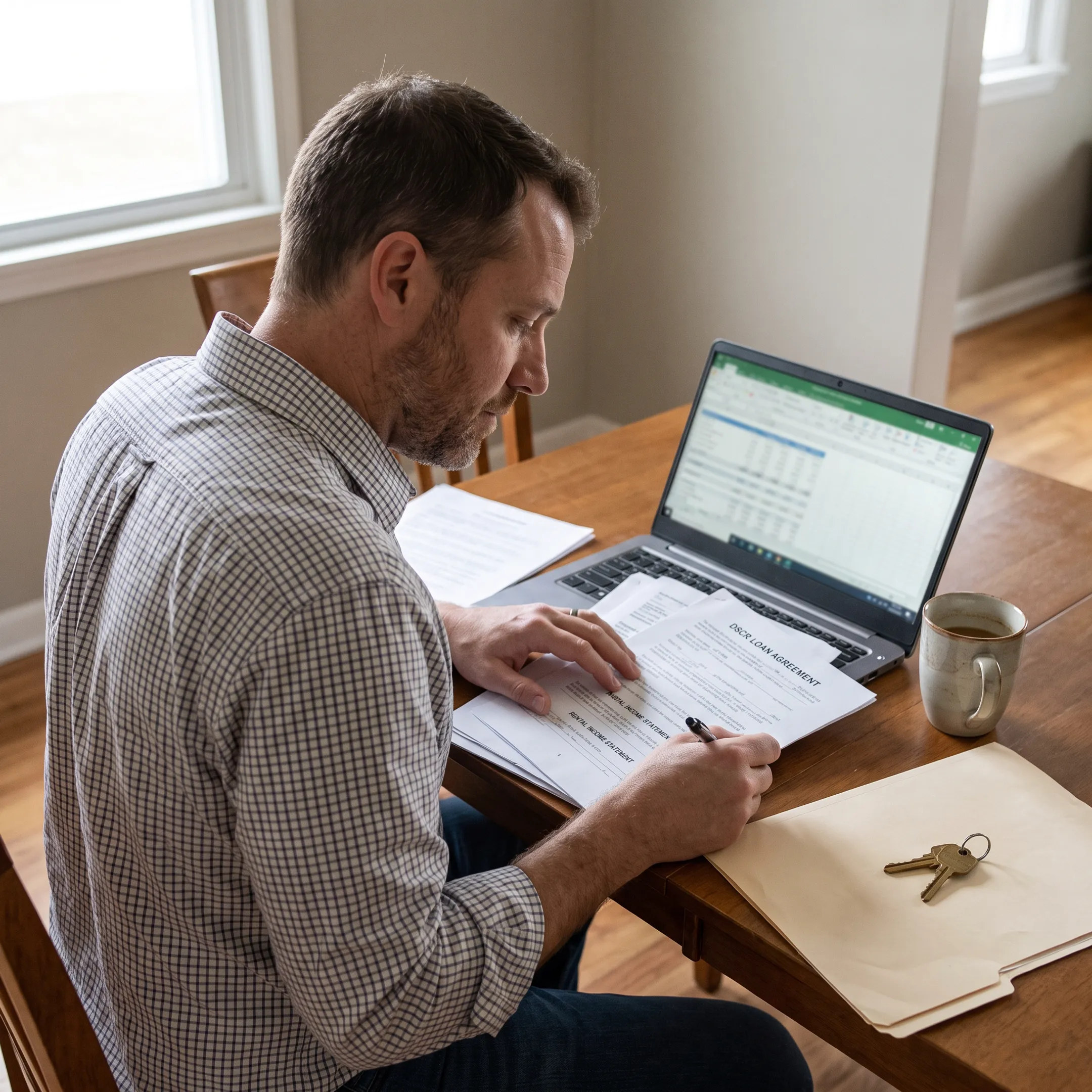 Investor reviewing DSCR loan documents beside an Indiana rental property