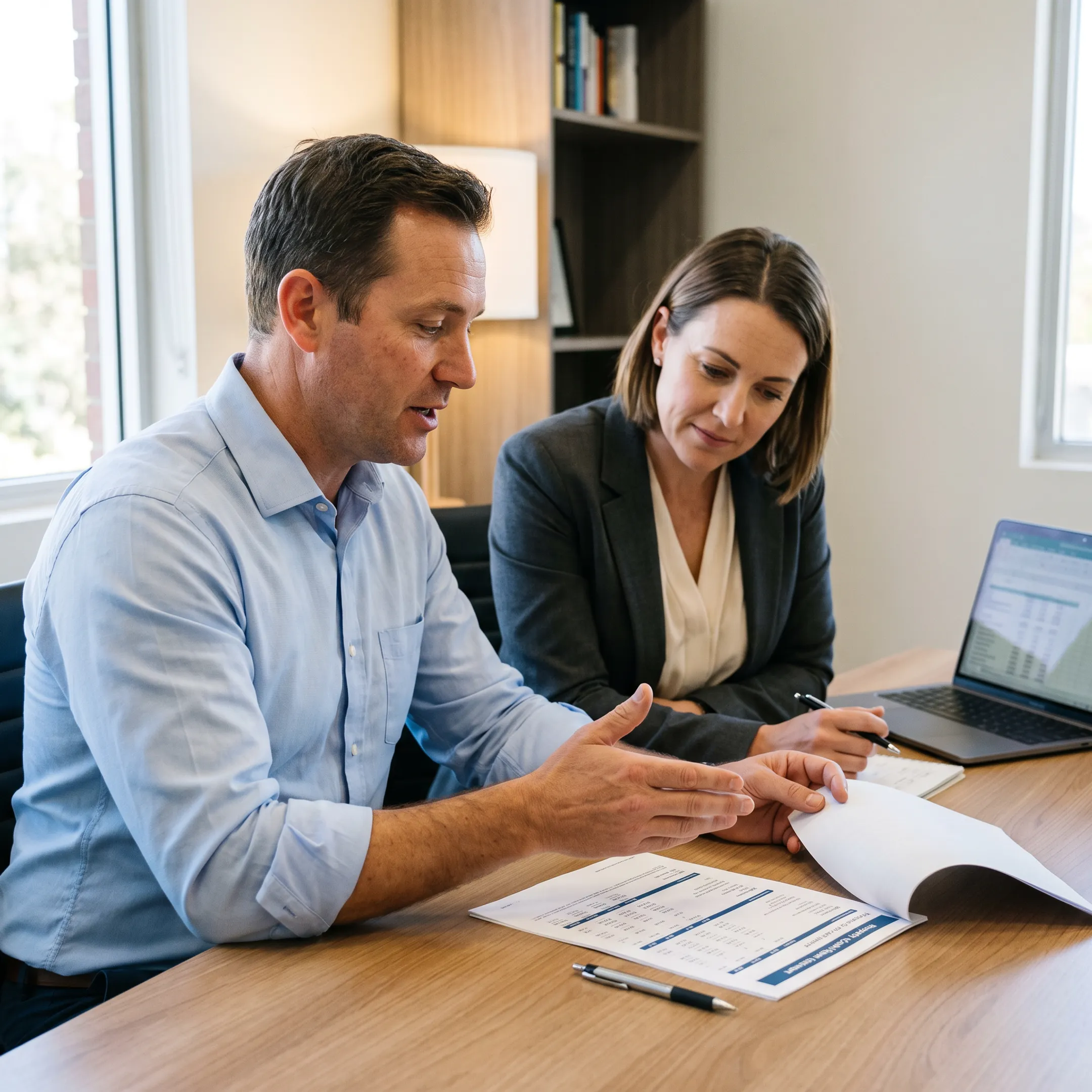 Mortgage specialist explaining DSCR property cash flow to an investor