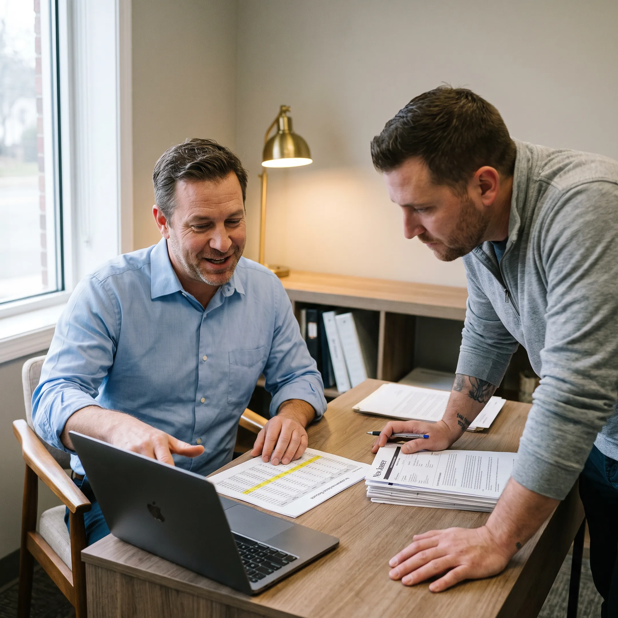 Veteran reviewing New Jersey home loan payment estimates with mortgage advisor