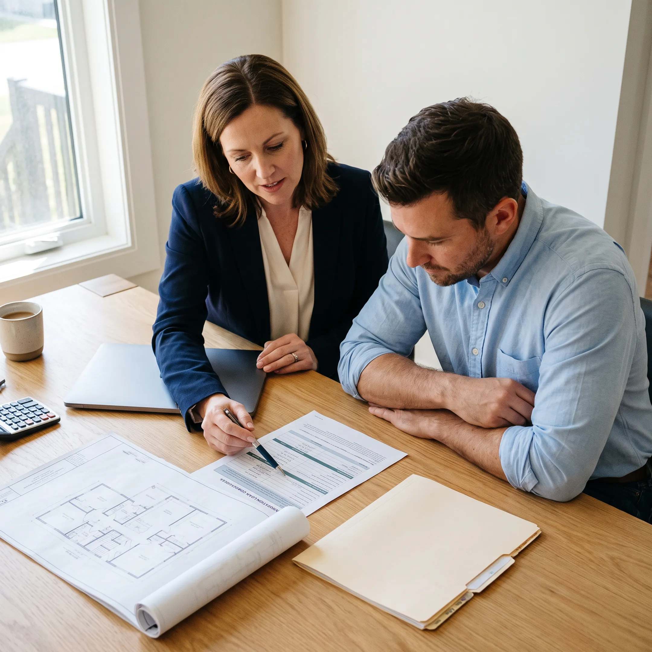 Mortgage advisor reviewing construction loan documents with a San Diego homeowner