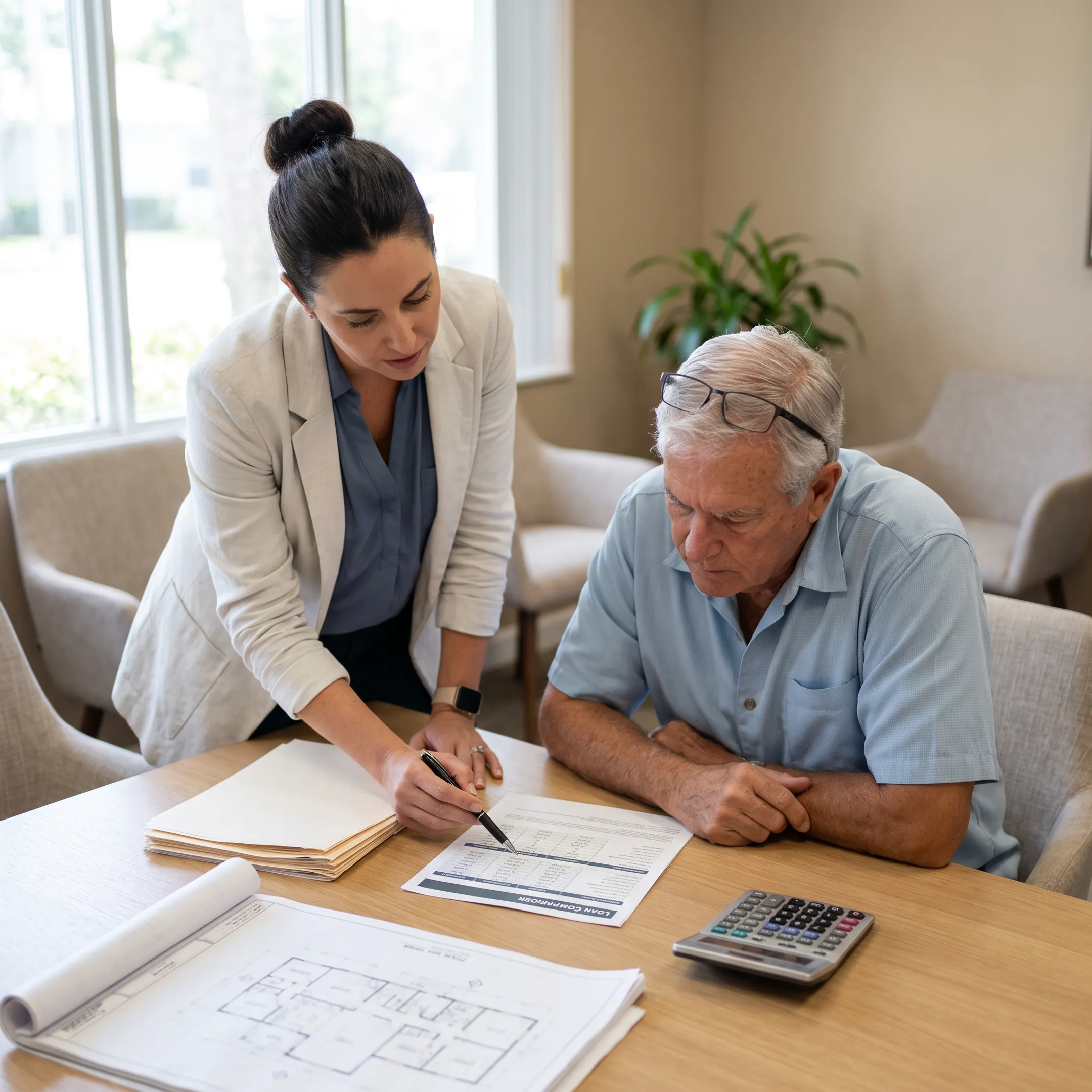 Mortgage broker discussing age-related home financing options with a Sarasota homeowner