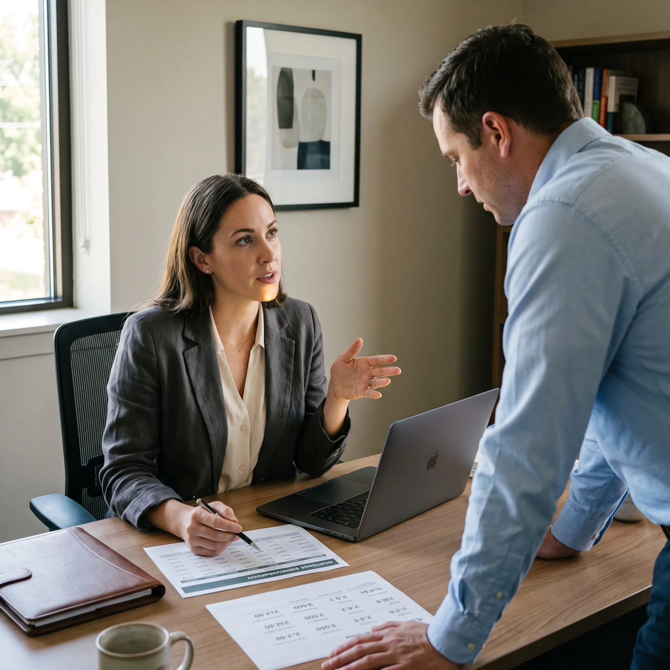 Broker explaining personalized mortgage choices to a Sarasota borrower