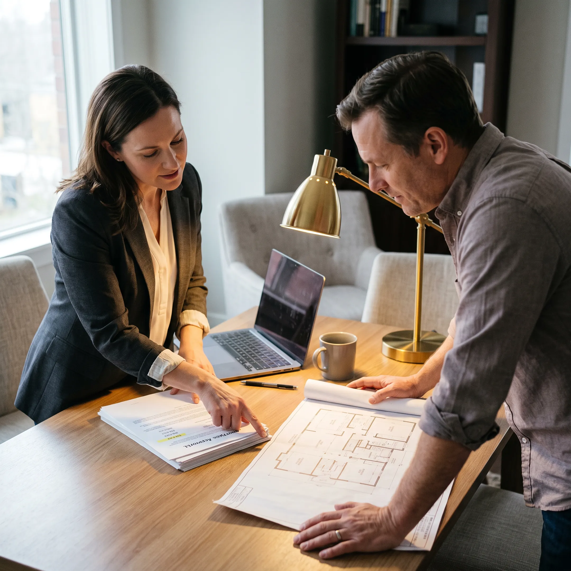 Homeowner and mortgage advisor reviewing renovation loan approval documents