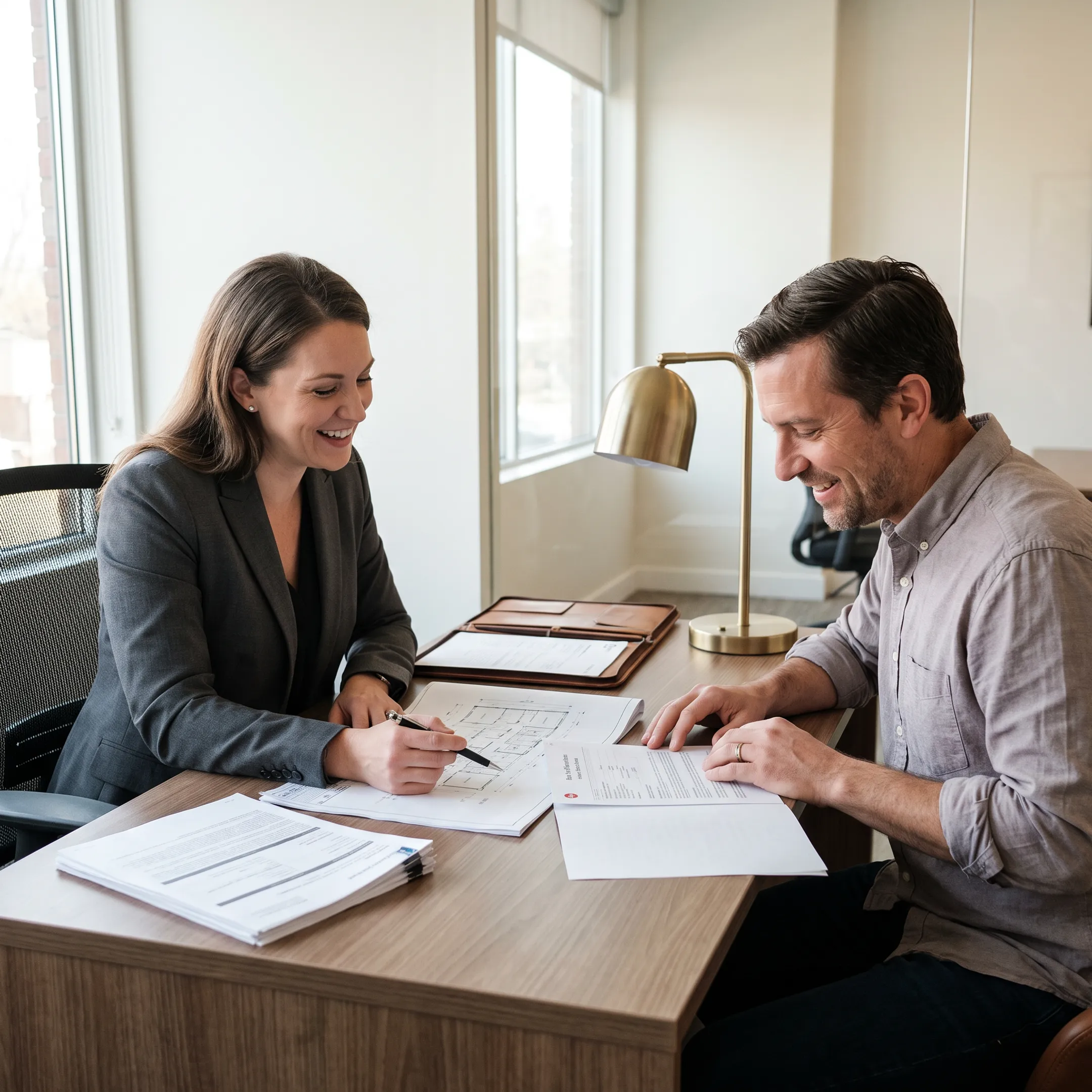 Mortgage professional reviewing renovation plans and loan documents with a Georgia homeowner