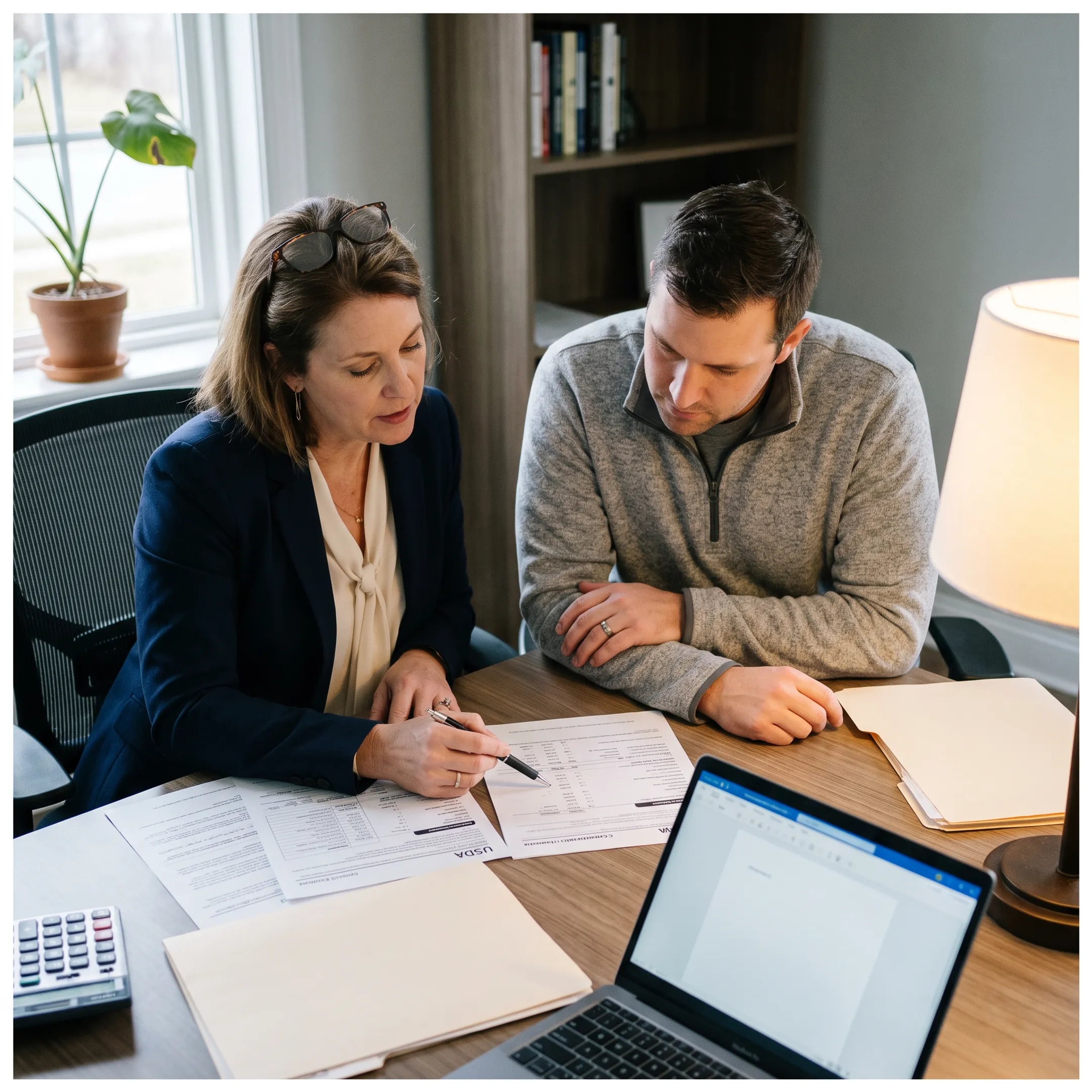 Homebuyer reviewing USDA and conventional mortgage estimates with a lending advisor