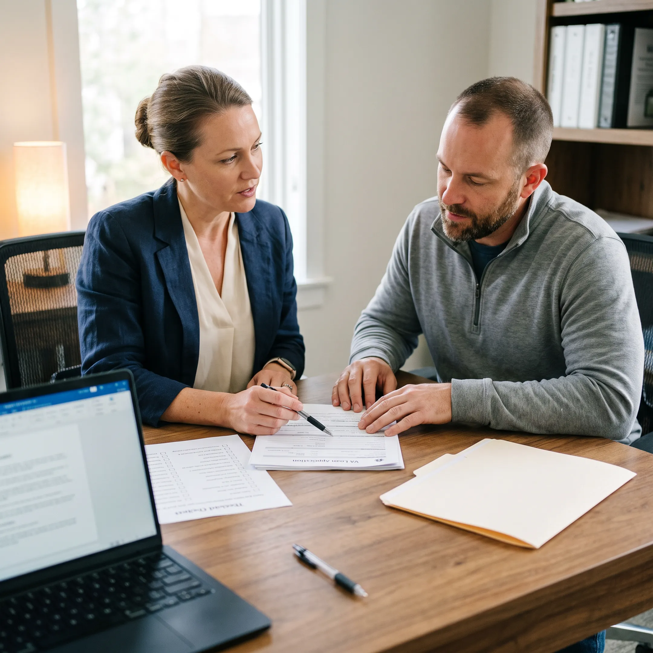 Mortgage professional reviewing VA loan documents with a veteran homebuyer
