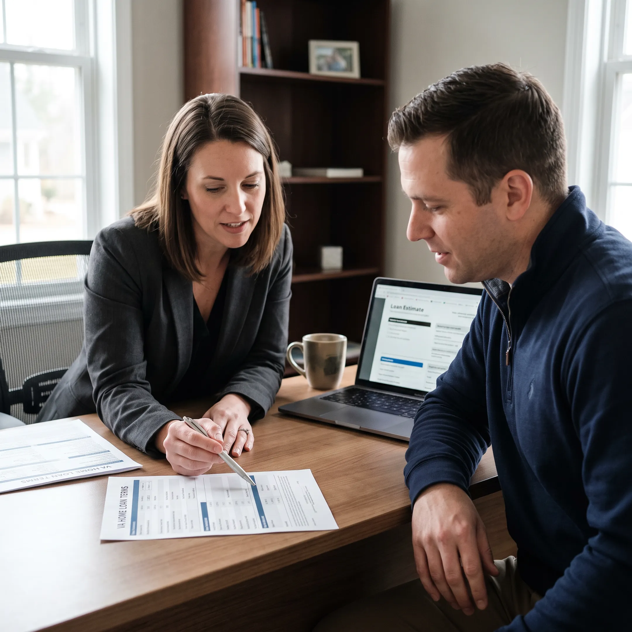 Advisor explaining VA mortgage options to a military homebuyer