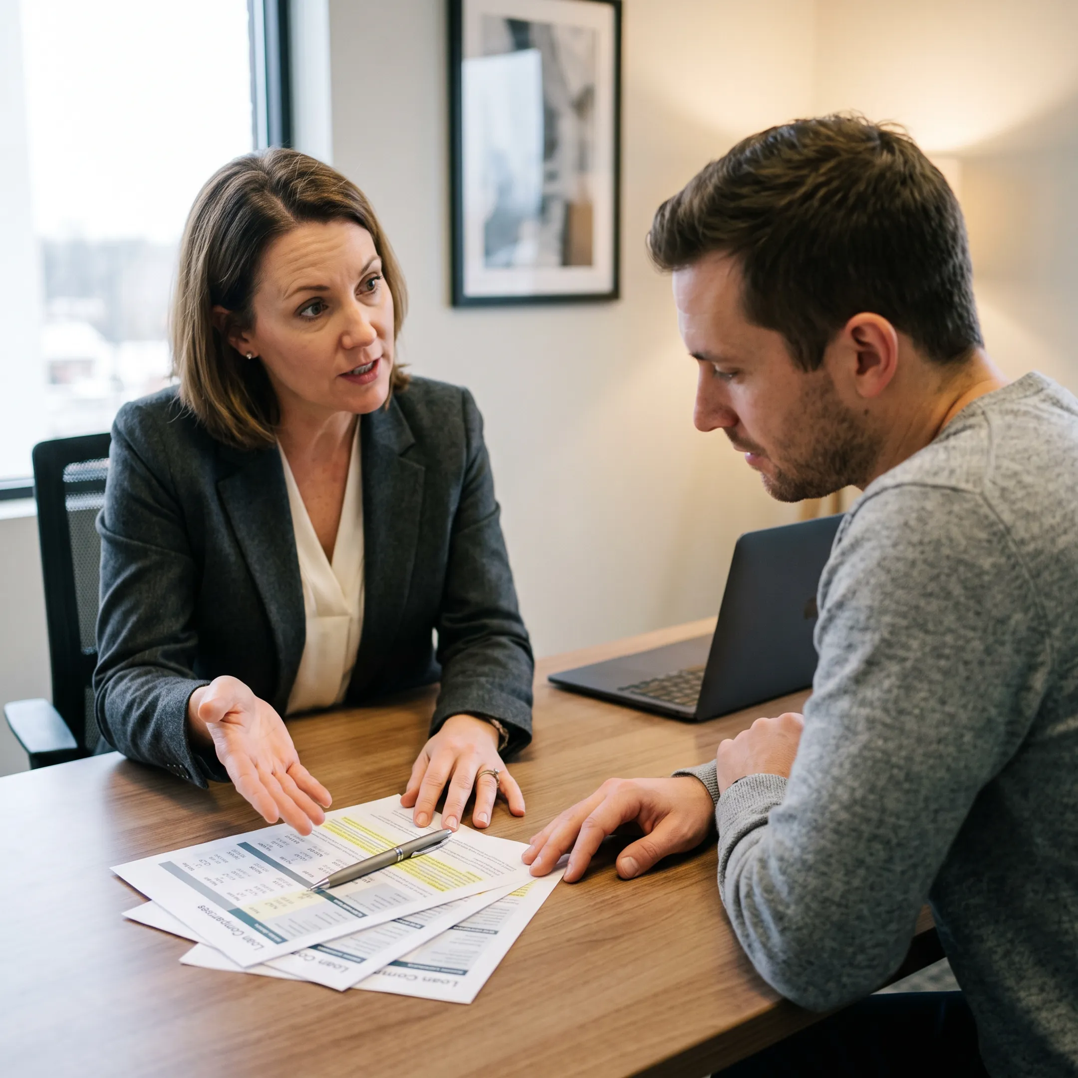 Mortgage advisor explaining financing choices to a homebuyer