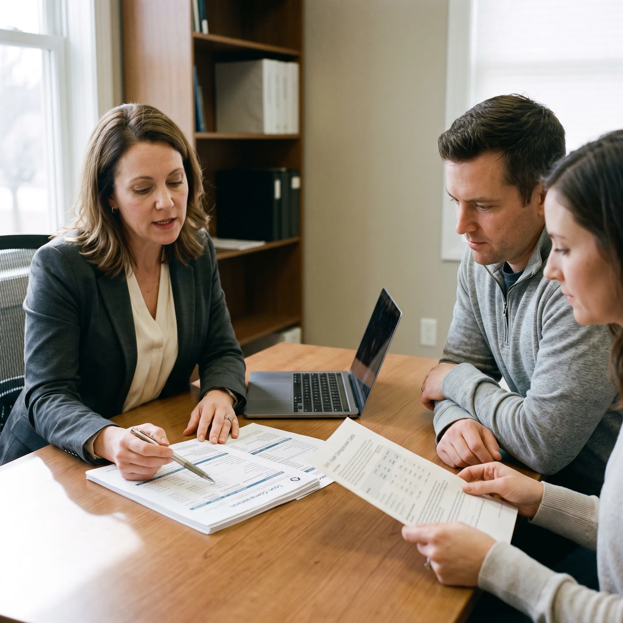 Mortgage professional reviewing home loan documents with a couple at a table