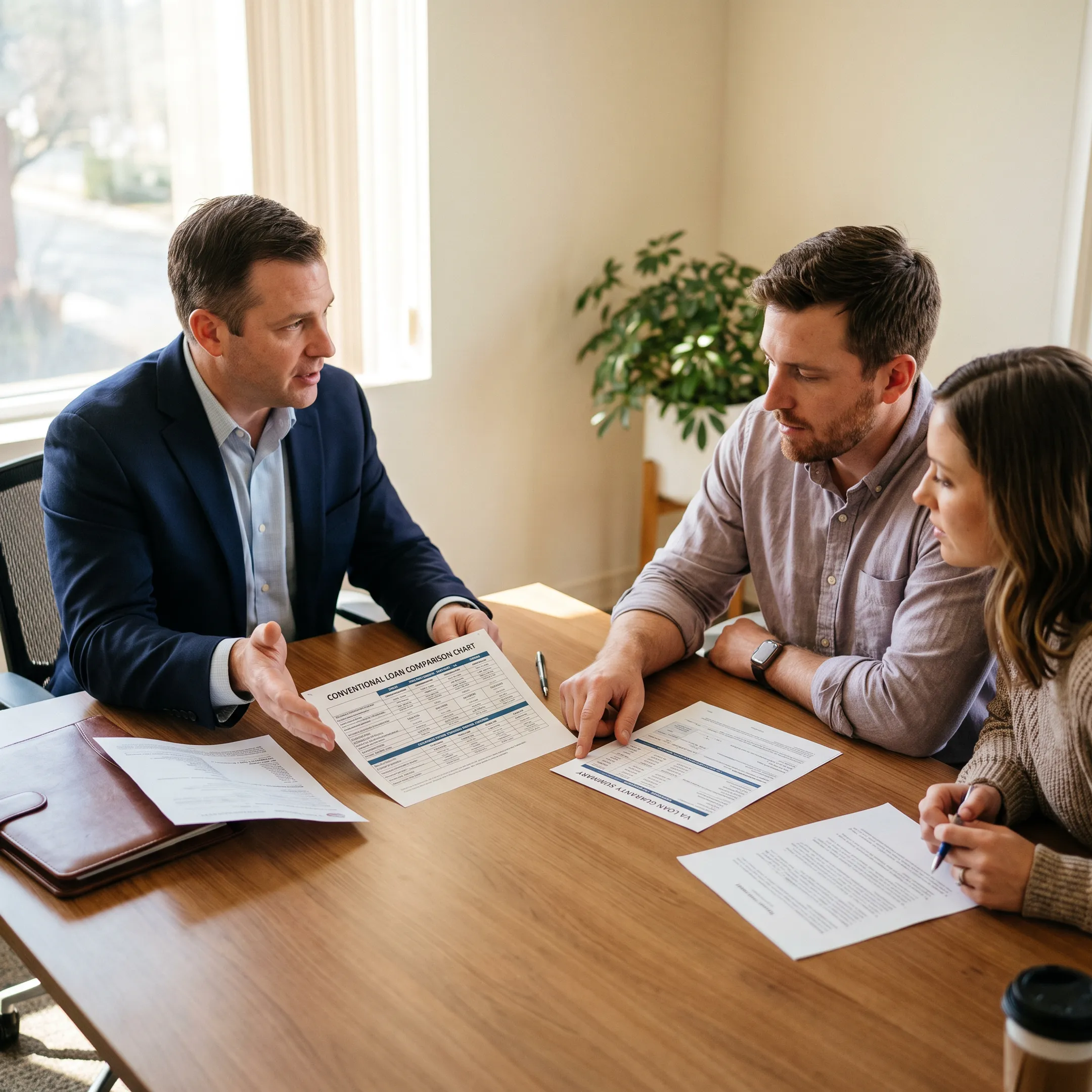 Mortgage professional comparing VA and conventional home loan options with a couple