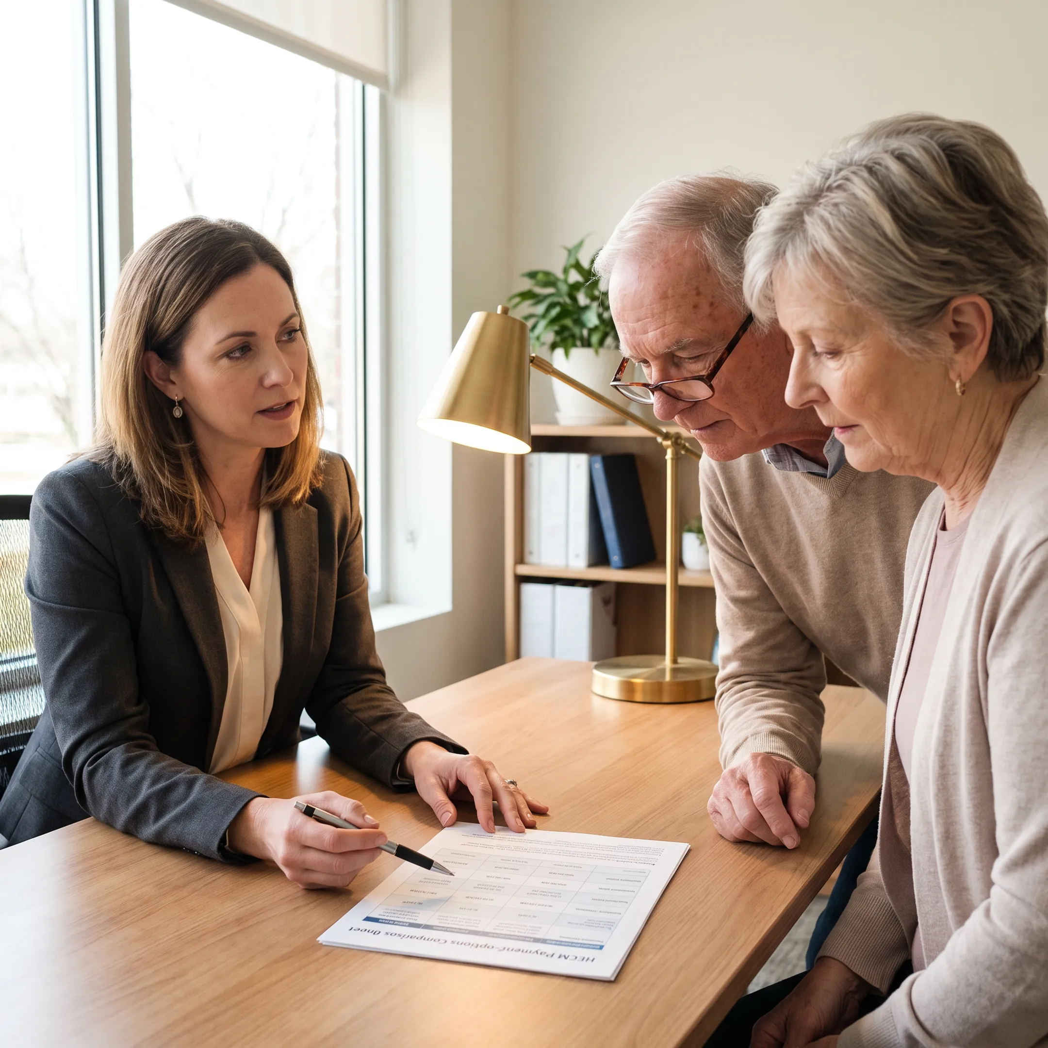 Mortgage professional explaining reverse mortgage choices to older homeowners