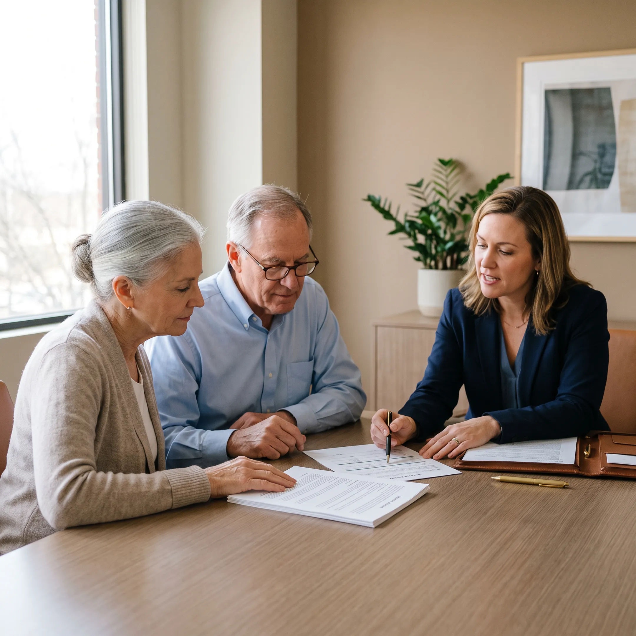 Older homeowners discussing reverse mortgage options with a mortgage professional