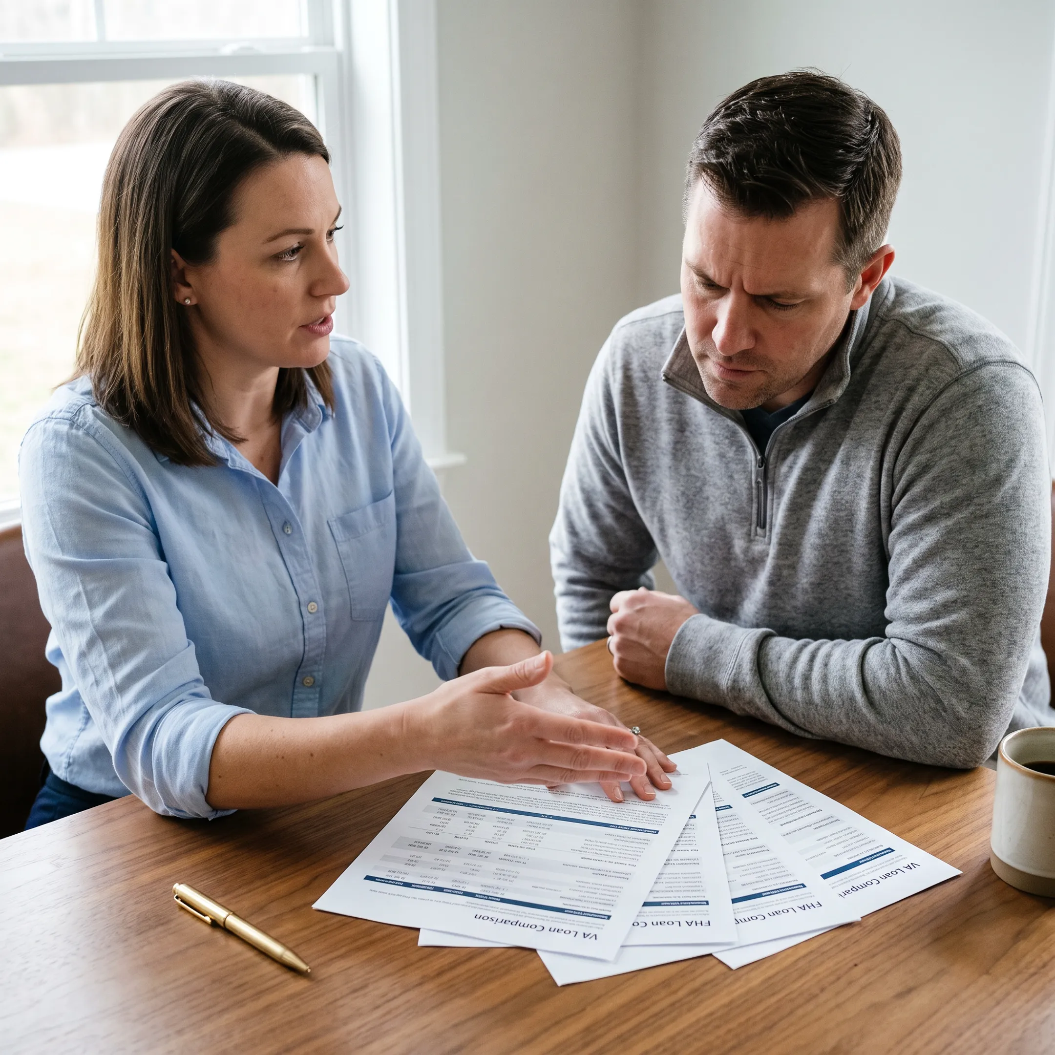 Mortgage advisor comparing FHA, VA, and USDA home loan options with a prospective buyer