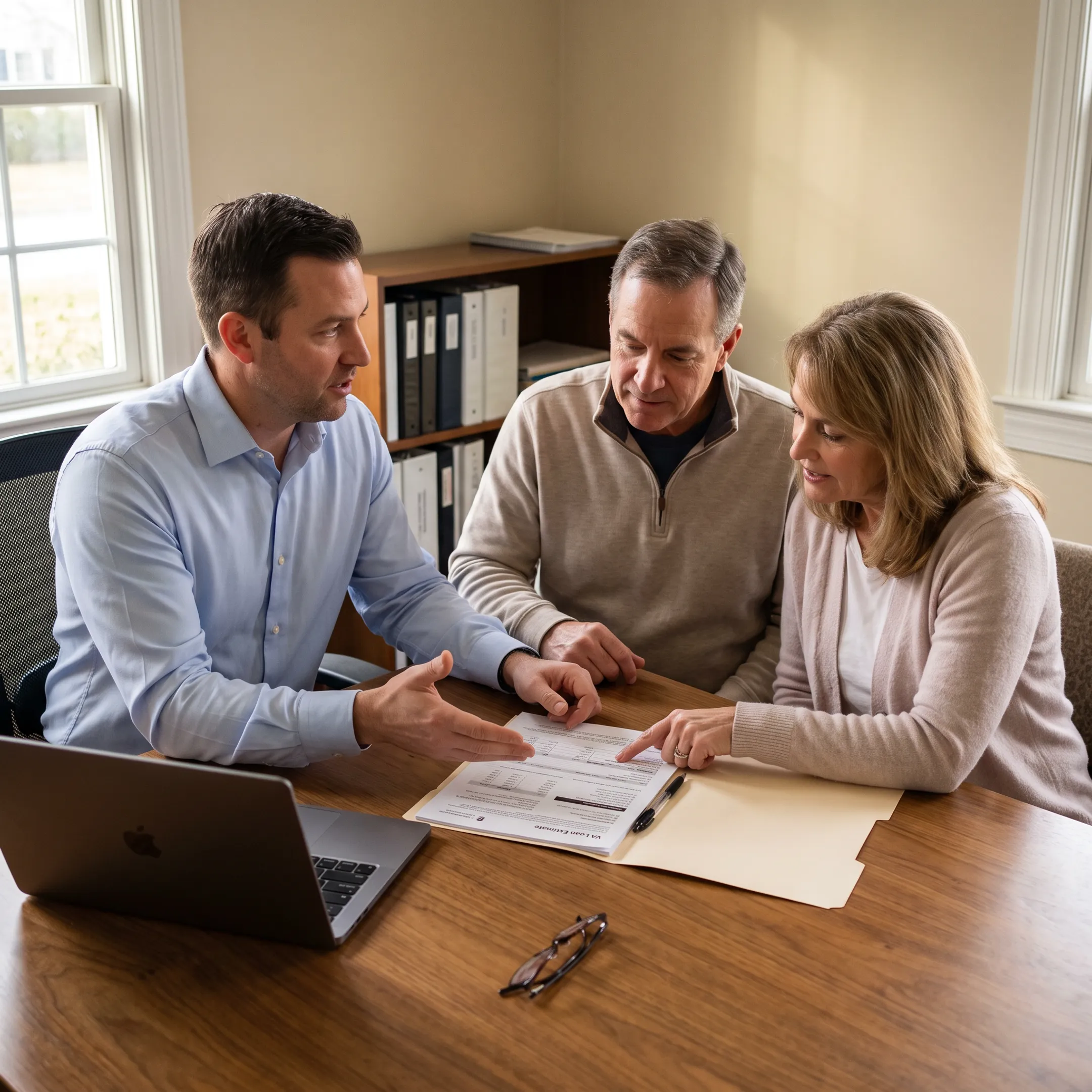 Mortgage advisor explaining VA loan costs to a veteran