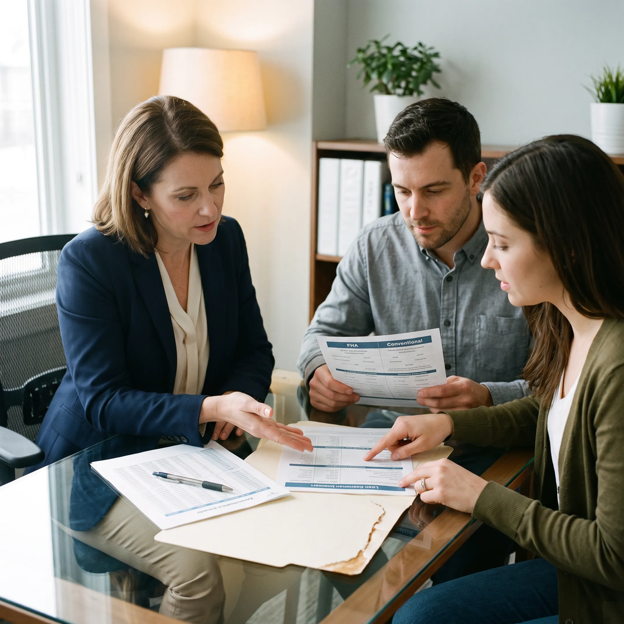 First-time homebuyer reviewing mortgage program options with a lending advisor