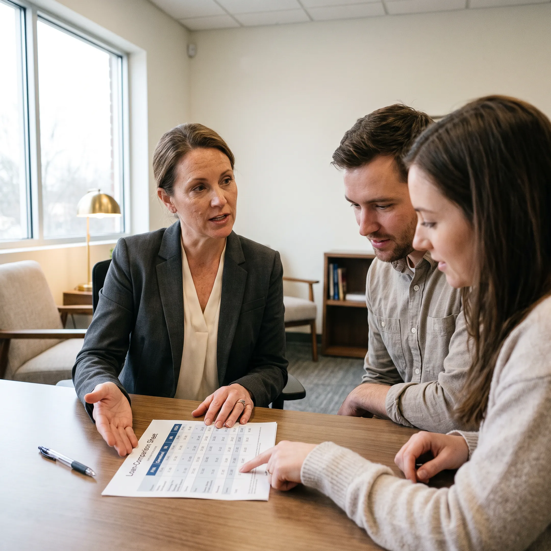 Mortgage advisor explaining first-time buyer loan options to a couple