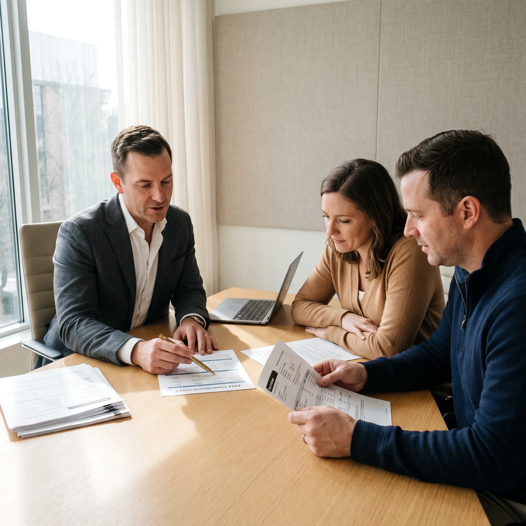 Mortgage professional reviewing jumbo refinance options with homeowners