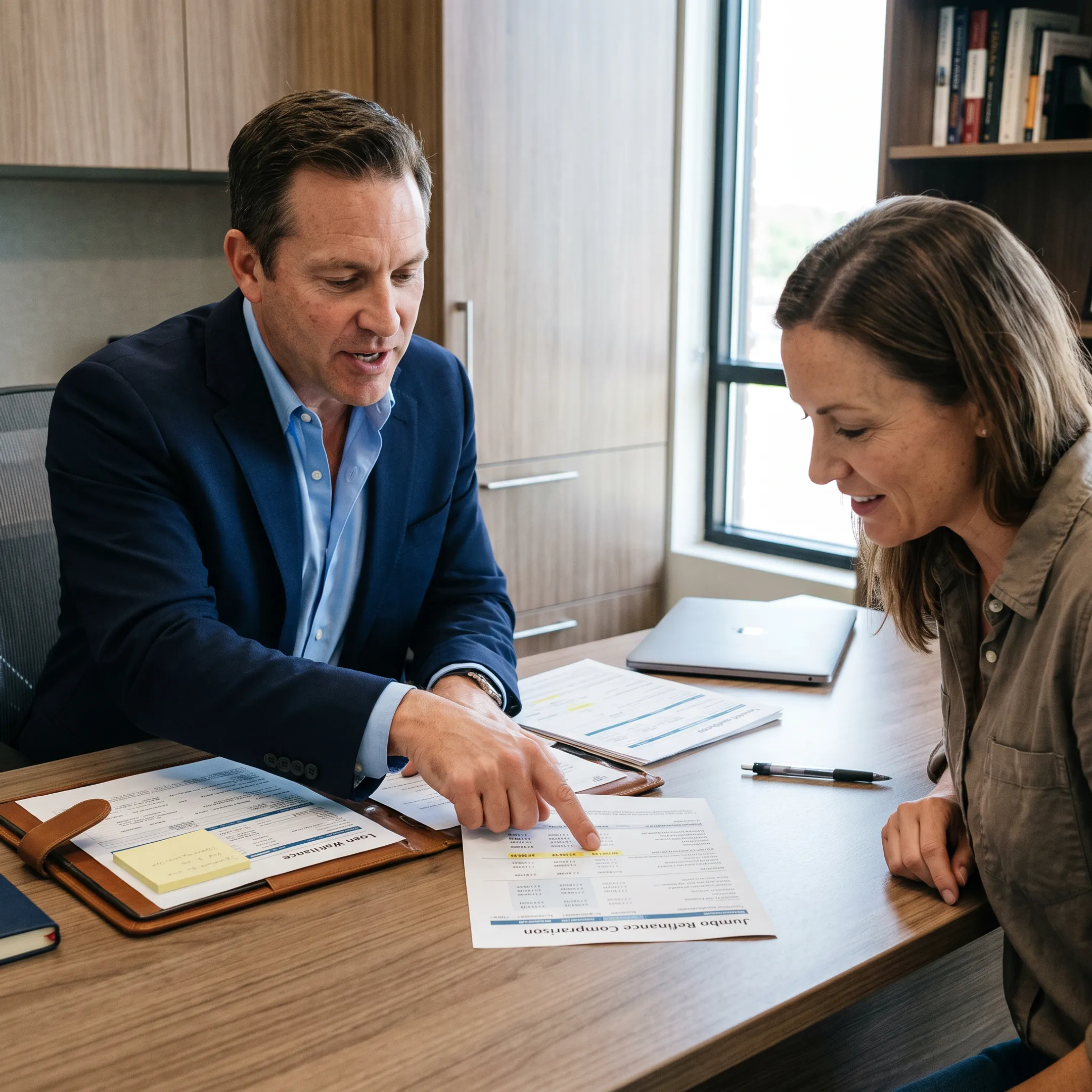 Advisor comparing jumbo mortgage refinance documents and rate options