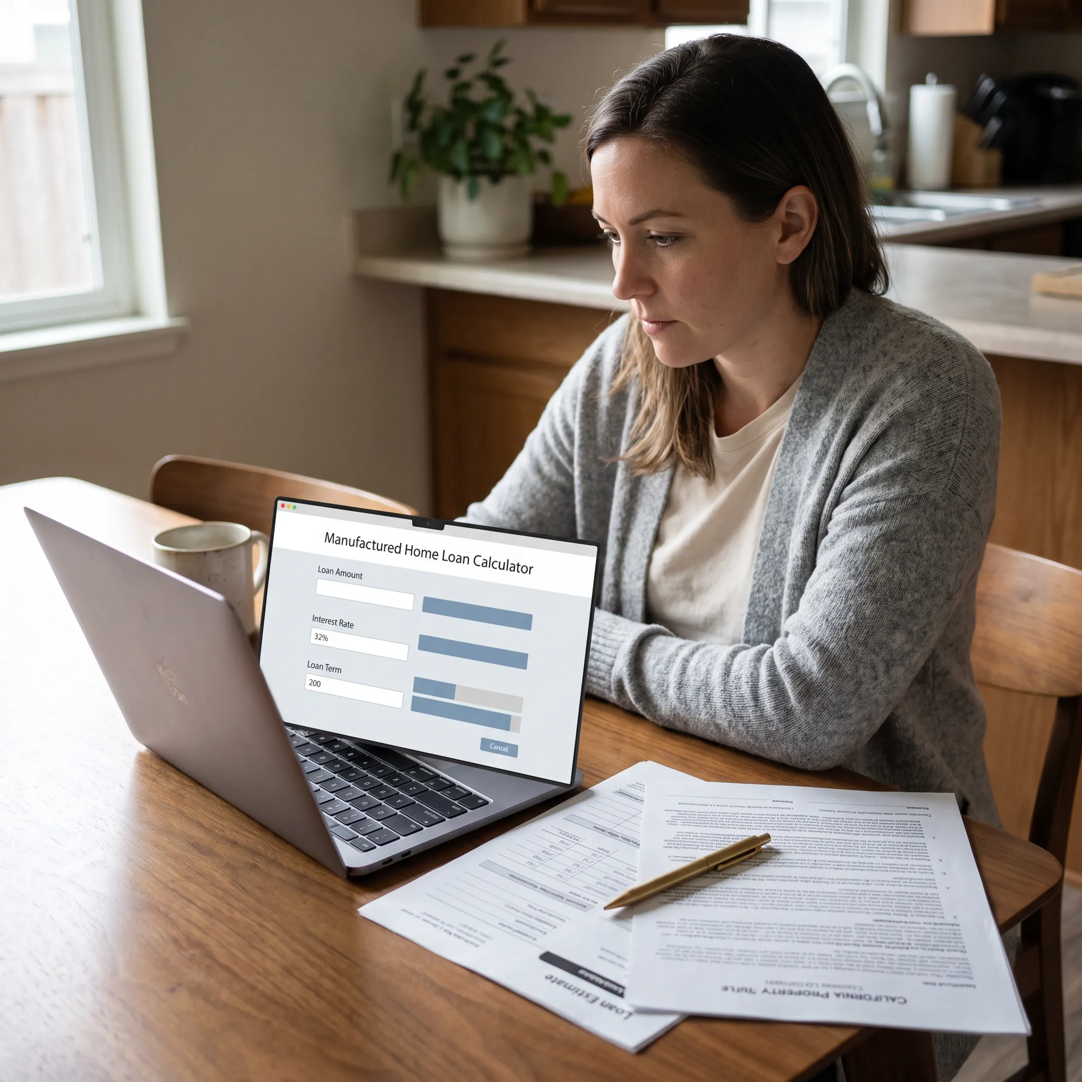 Person using a calculator to estimate manufactured home loan payments