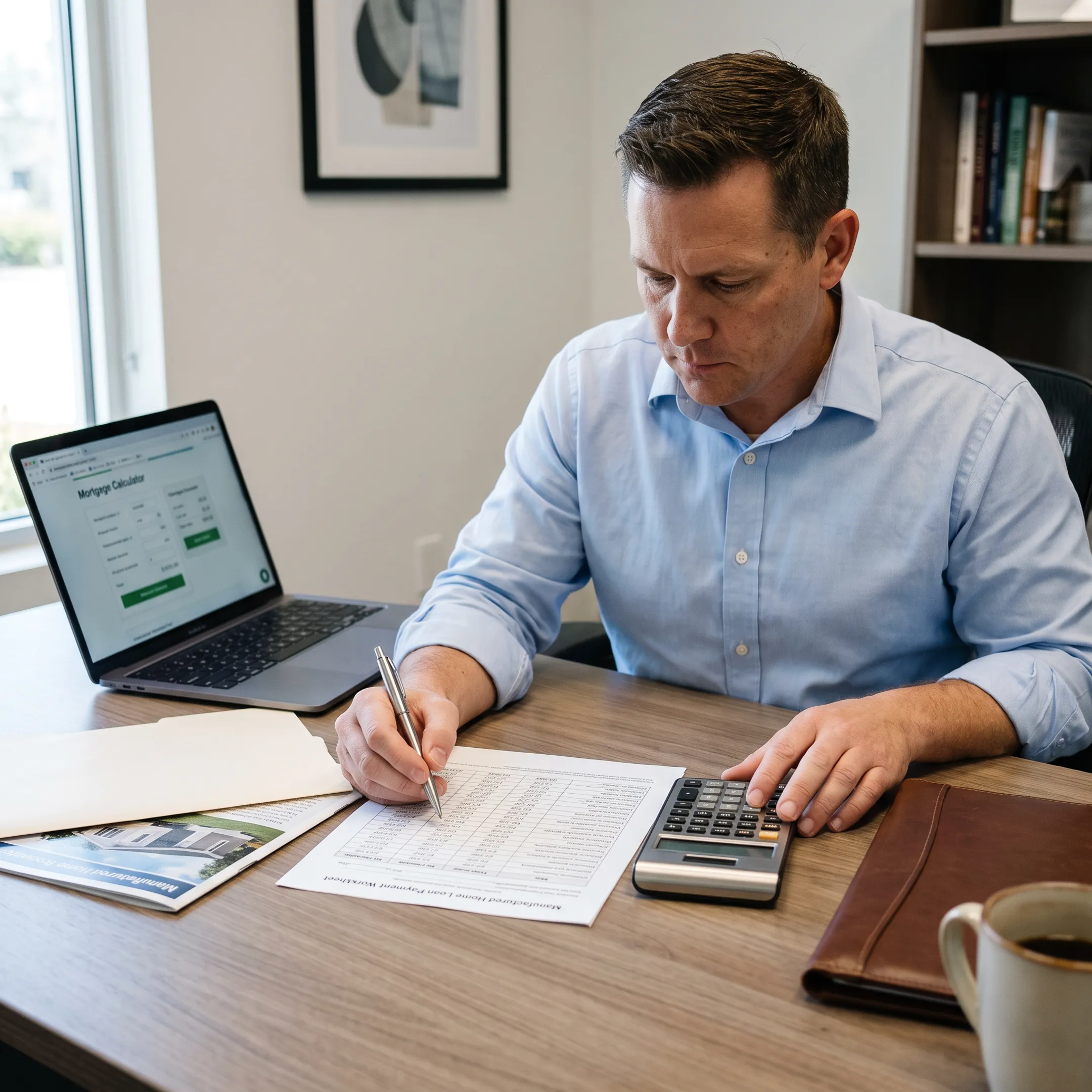 Calculator and documents beside a manufactured home financing worksheet