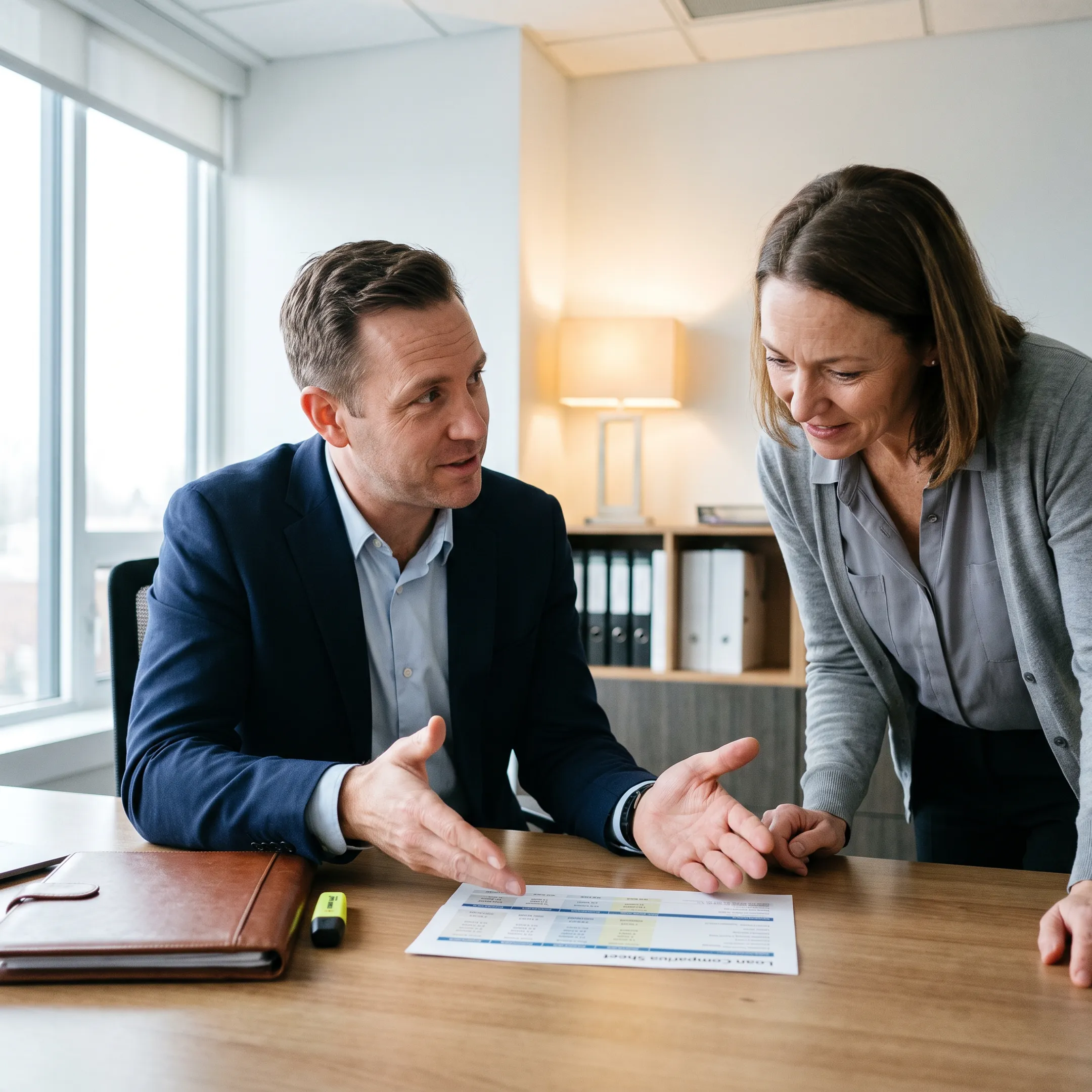 Mortgage advisor explaining home loan choices to a borrower