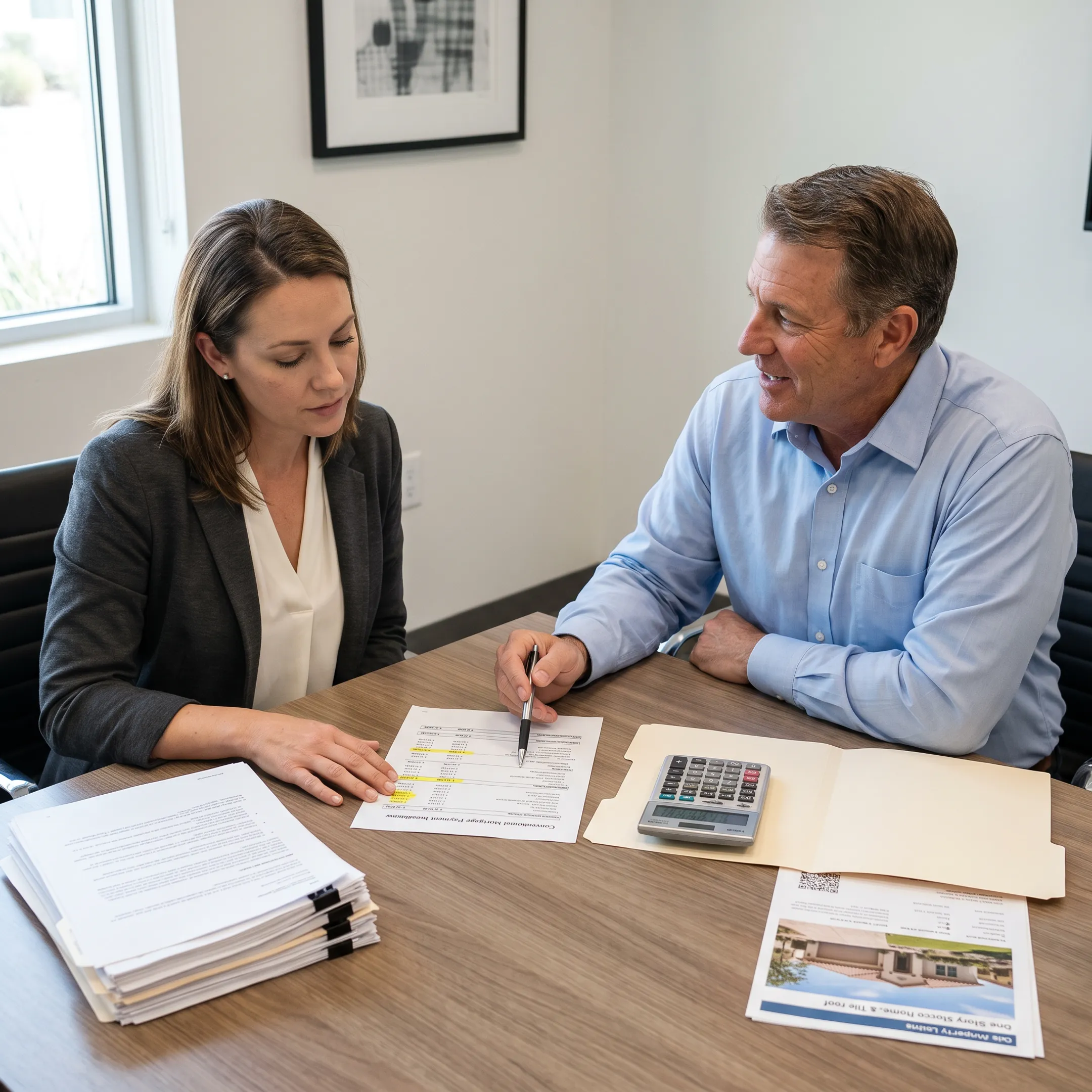 Homebuyer reviewing Florida conventional mortgage payment estimates with a lending advisor
