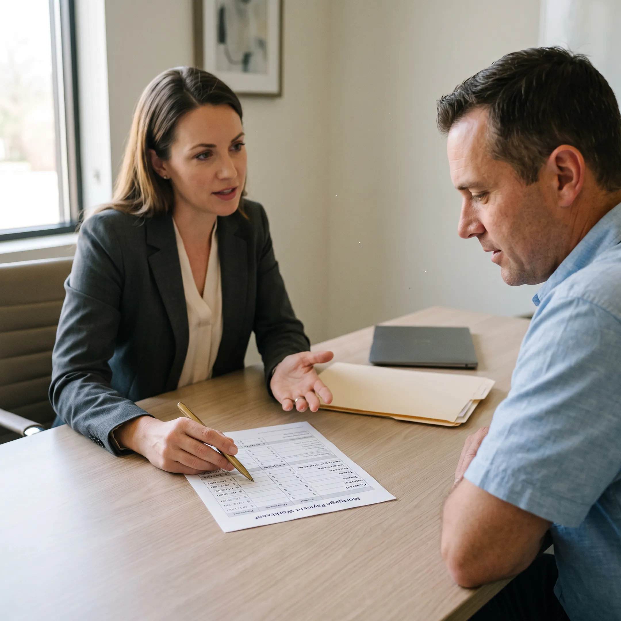 Advisor explaining conventional mortgage payment components to a Florida borrower