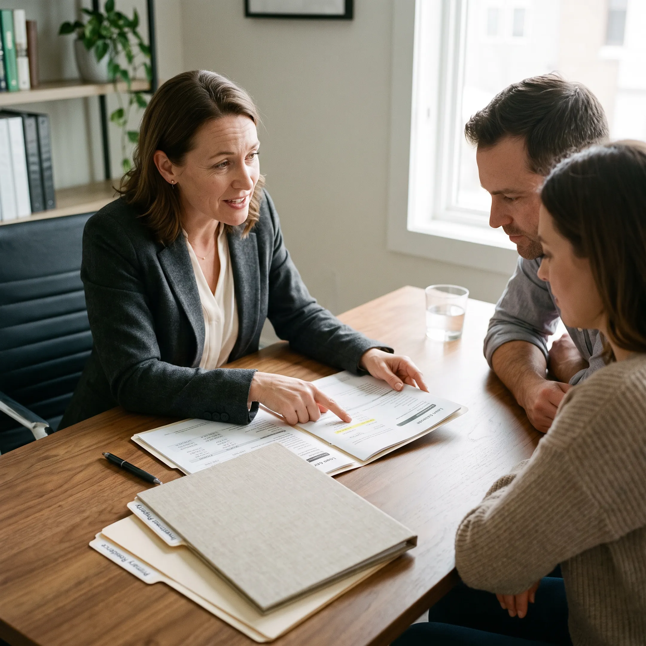 Mortgage advisor comparing owner occupied and investment property loan documents with a borrower