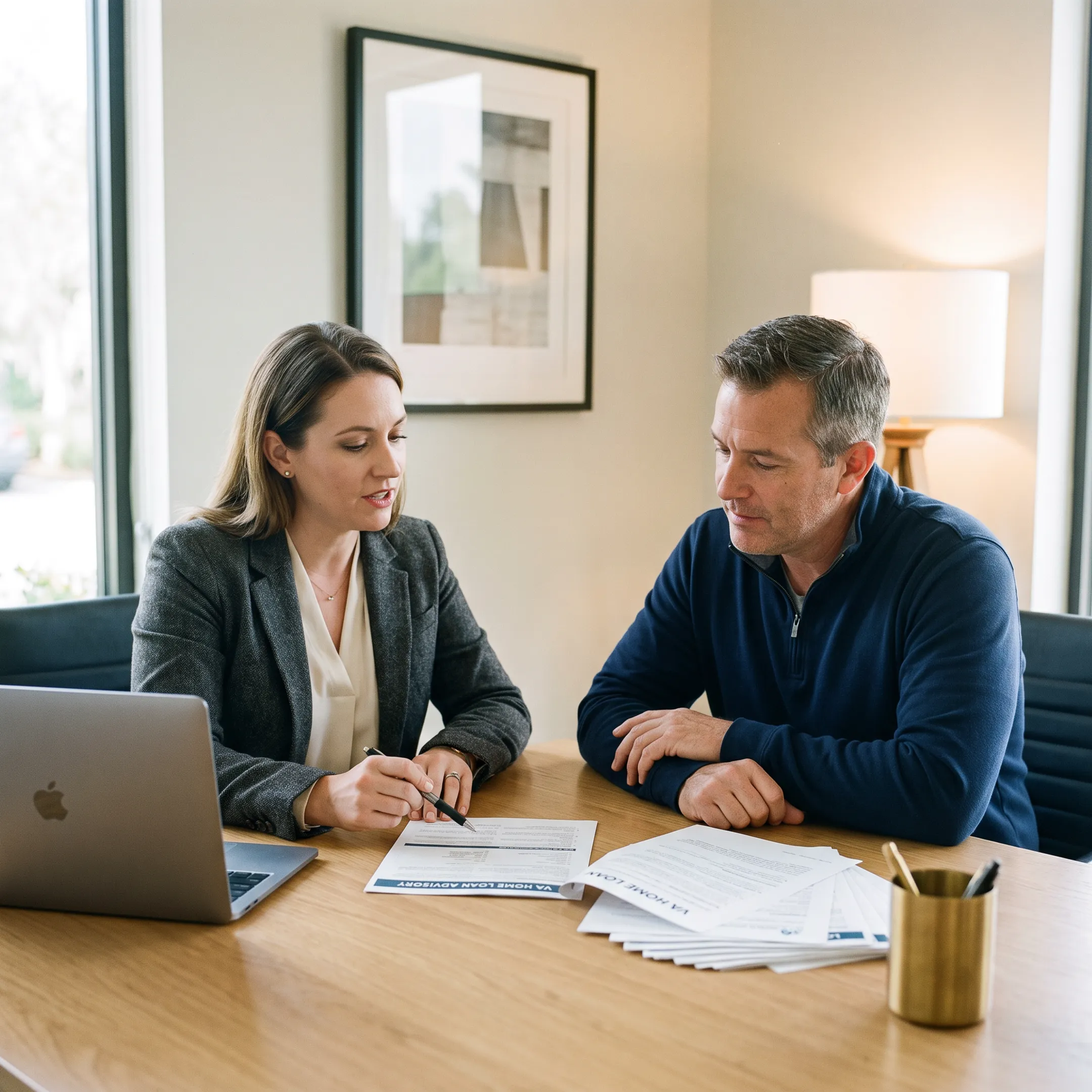 Florida veteran reviewing VA mortgage documents with a mortgage advisor