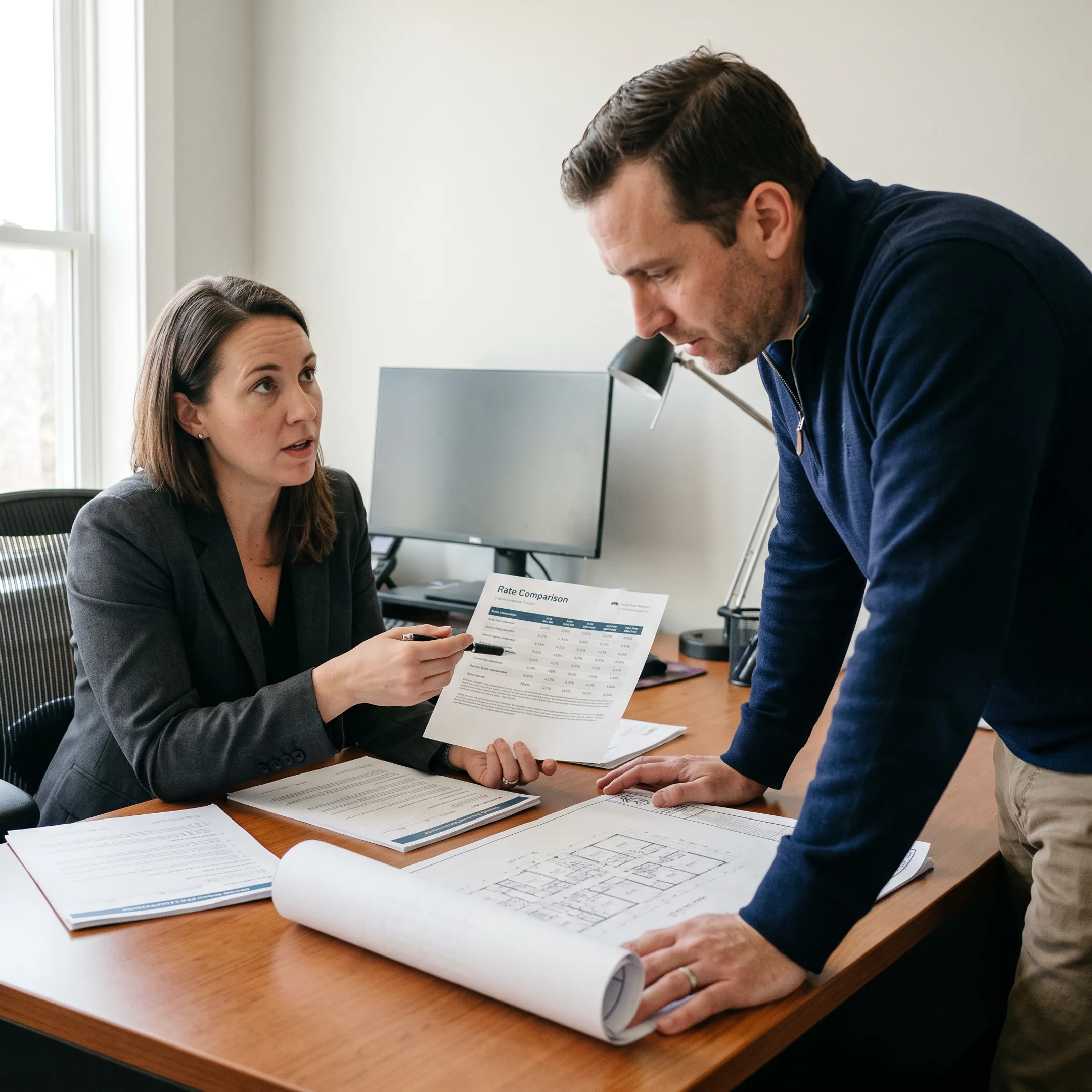 Mortgage advisor reviewing multifamily construction financing options with an investor