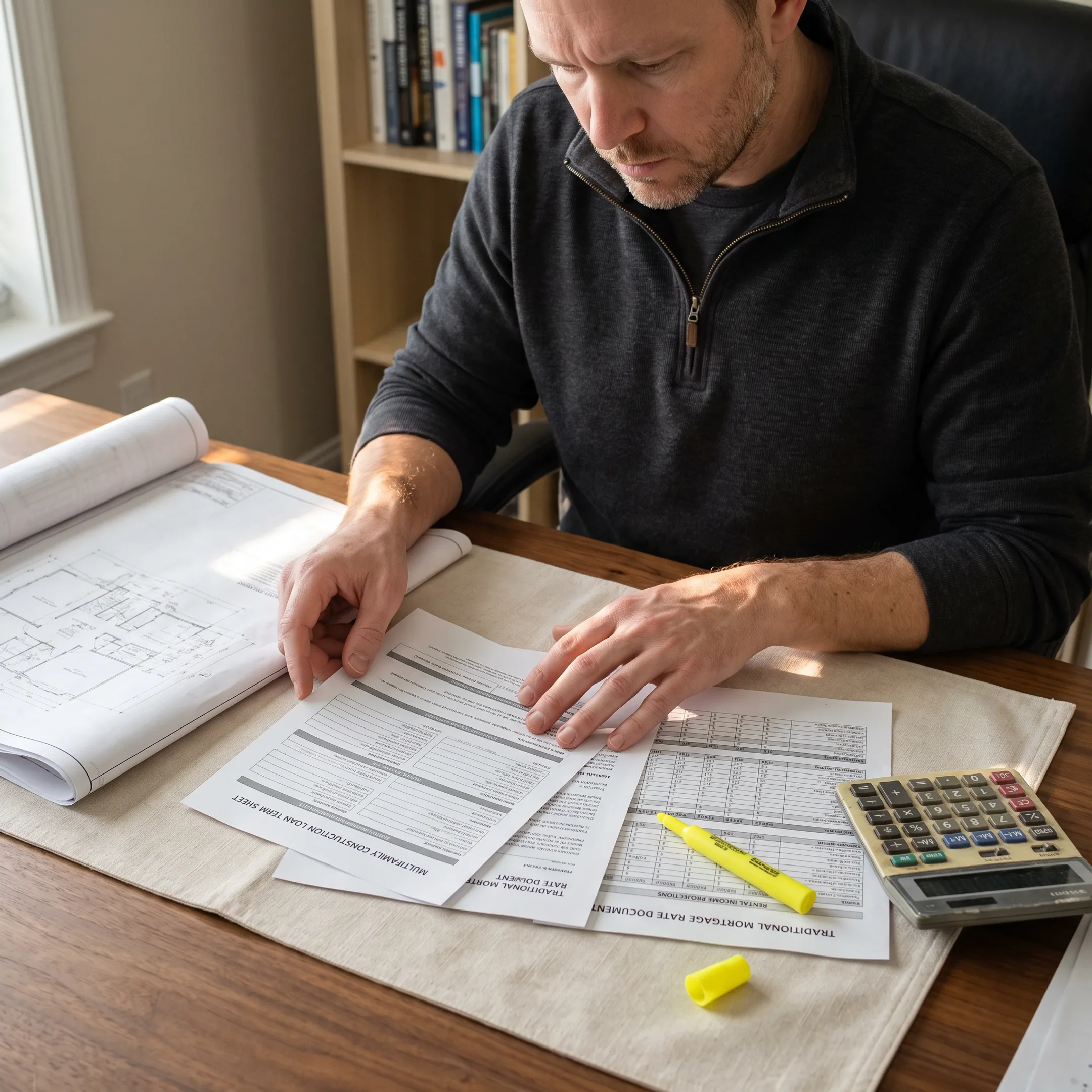 Investor comparing multifamily construction and traditional mortgage loan options
