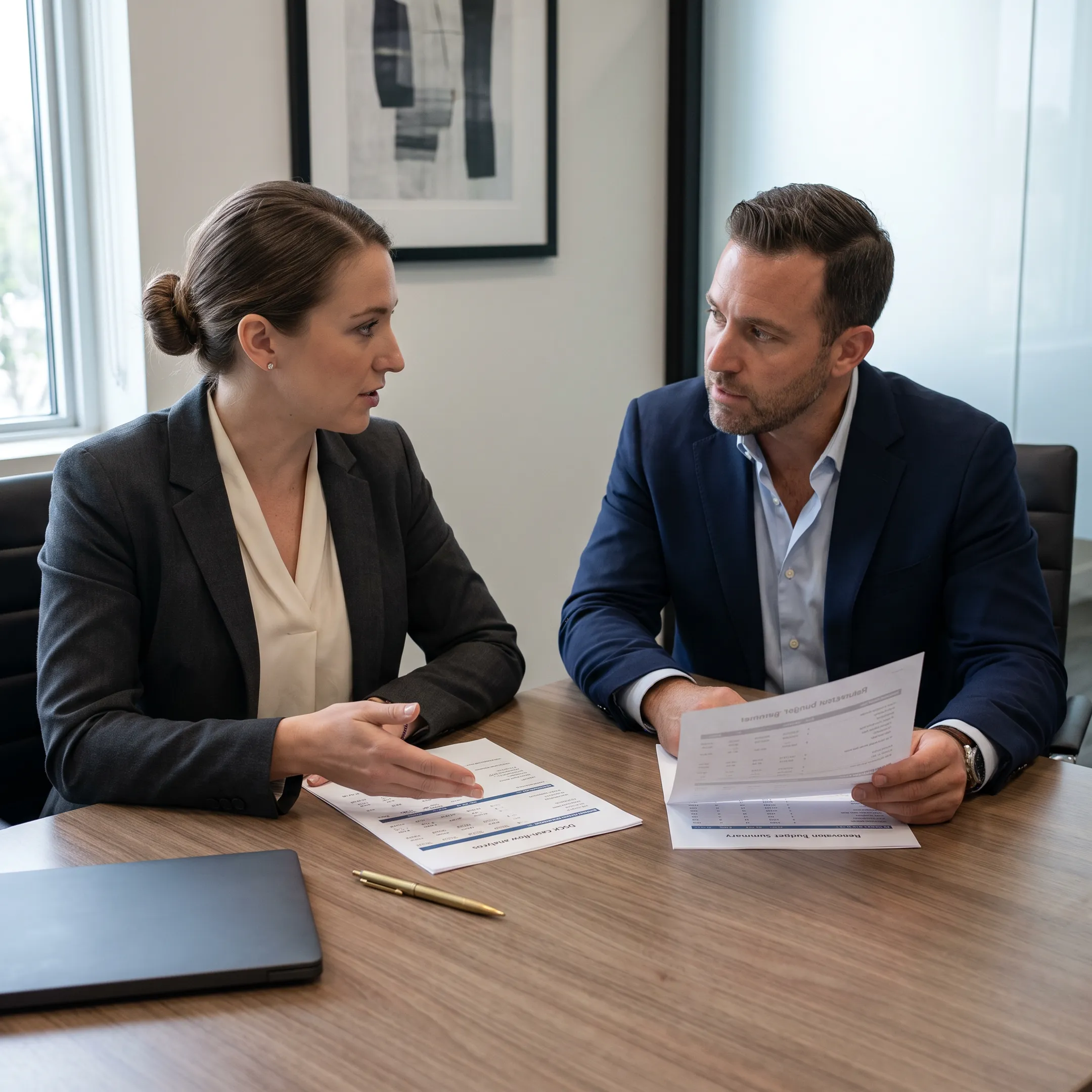 Mortgage broker explaining investment property financing to California real estate investor