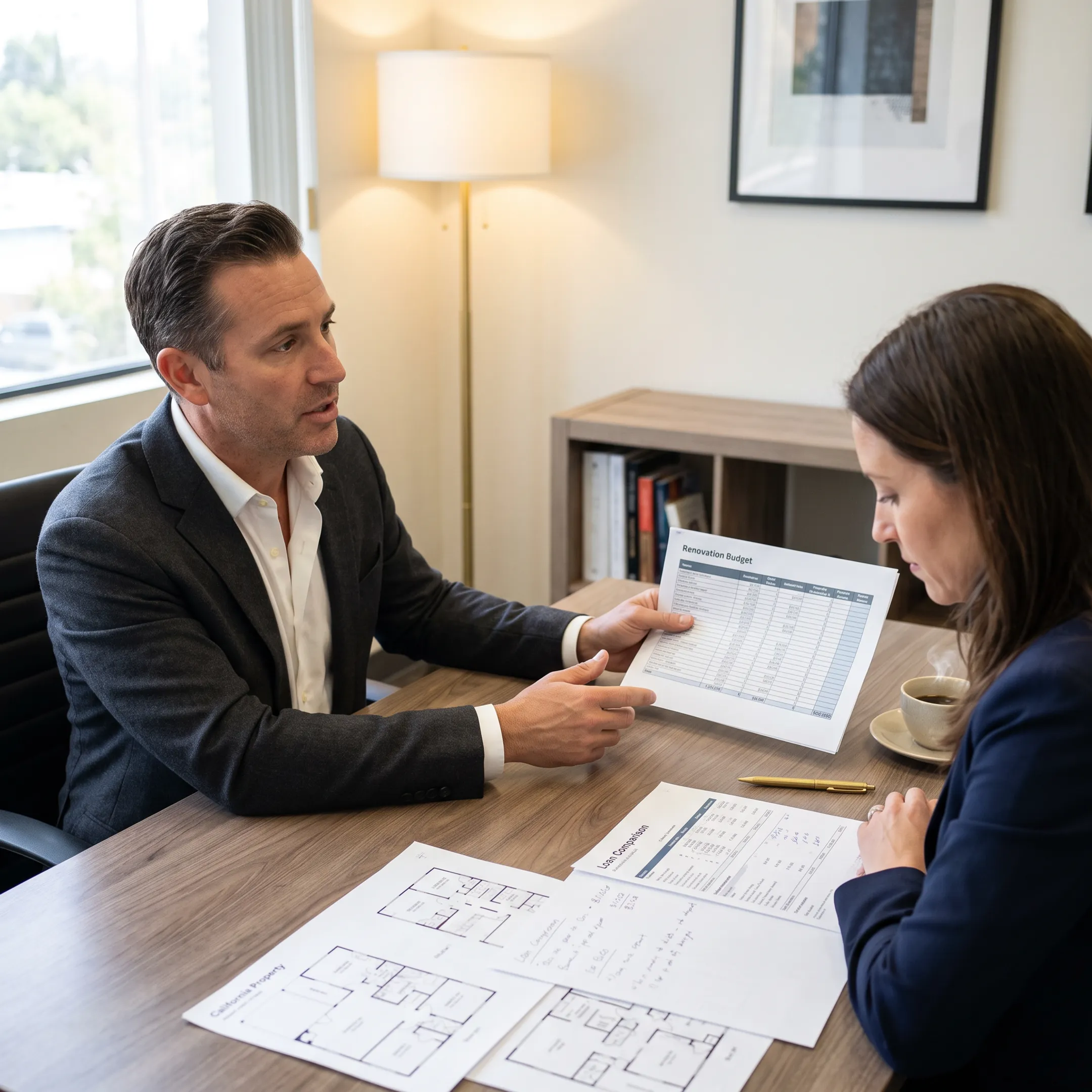 California real estate investor reviewing fix-and-flip loan options with mortgage broker