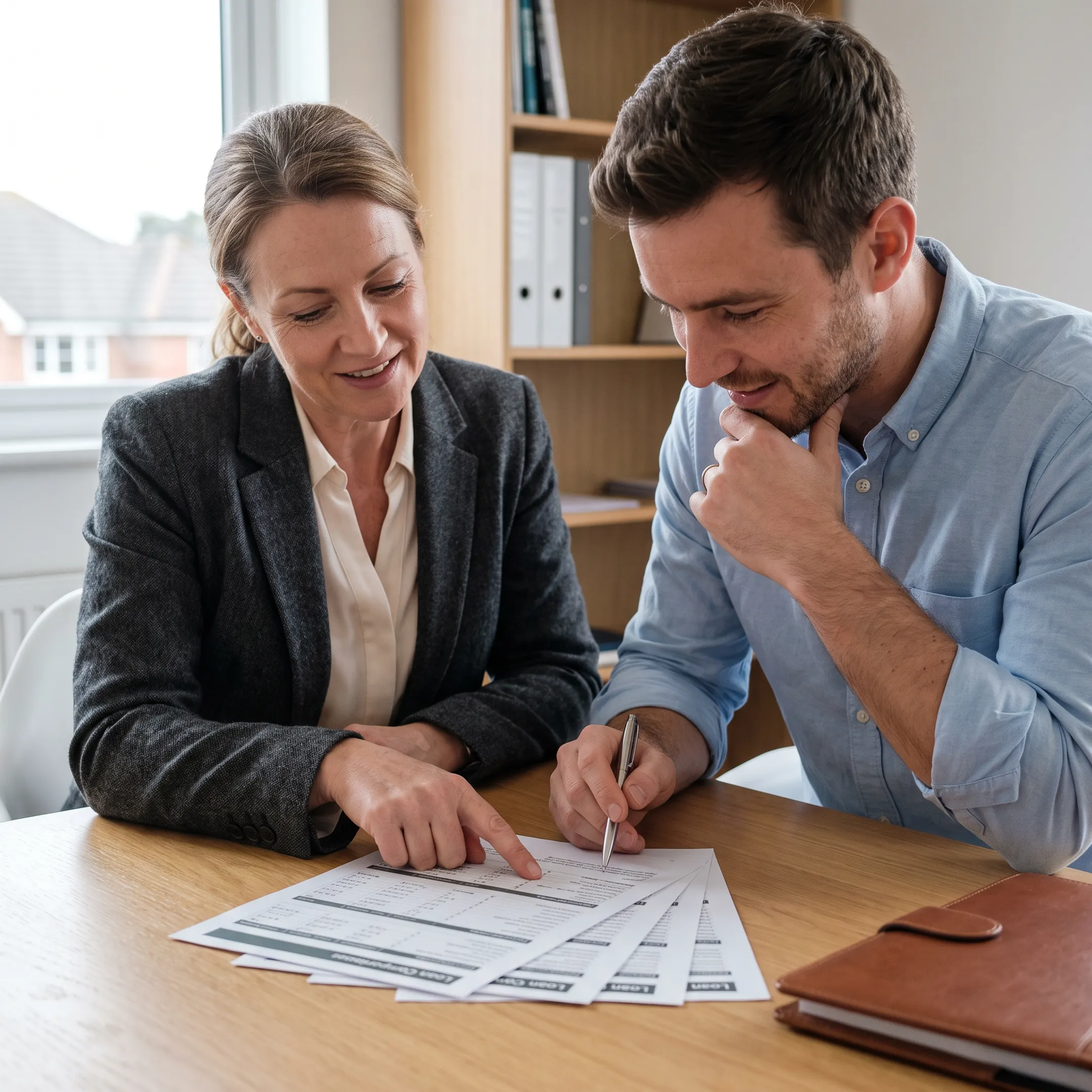 Mortgage professional comparing loan options with a Fresno homebuyer