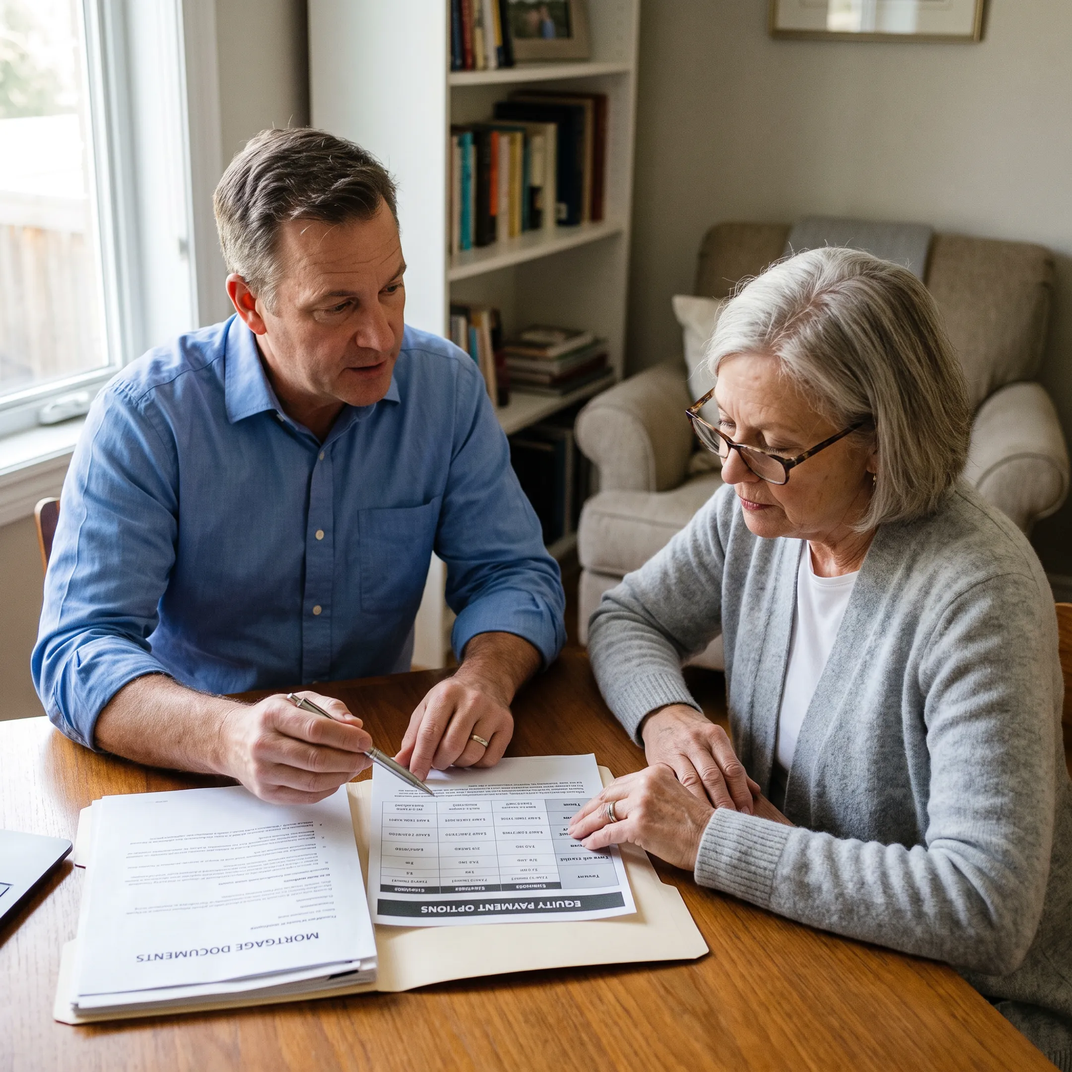 Mortgage specialist explaining reverse mortgage equity options to an older homeowner