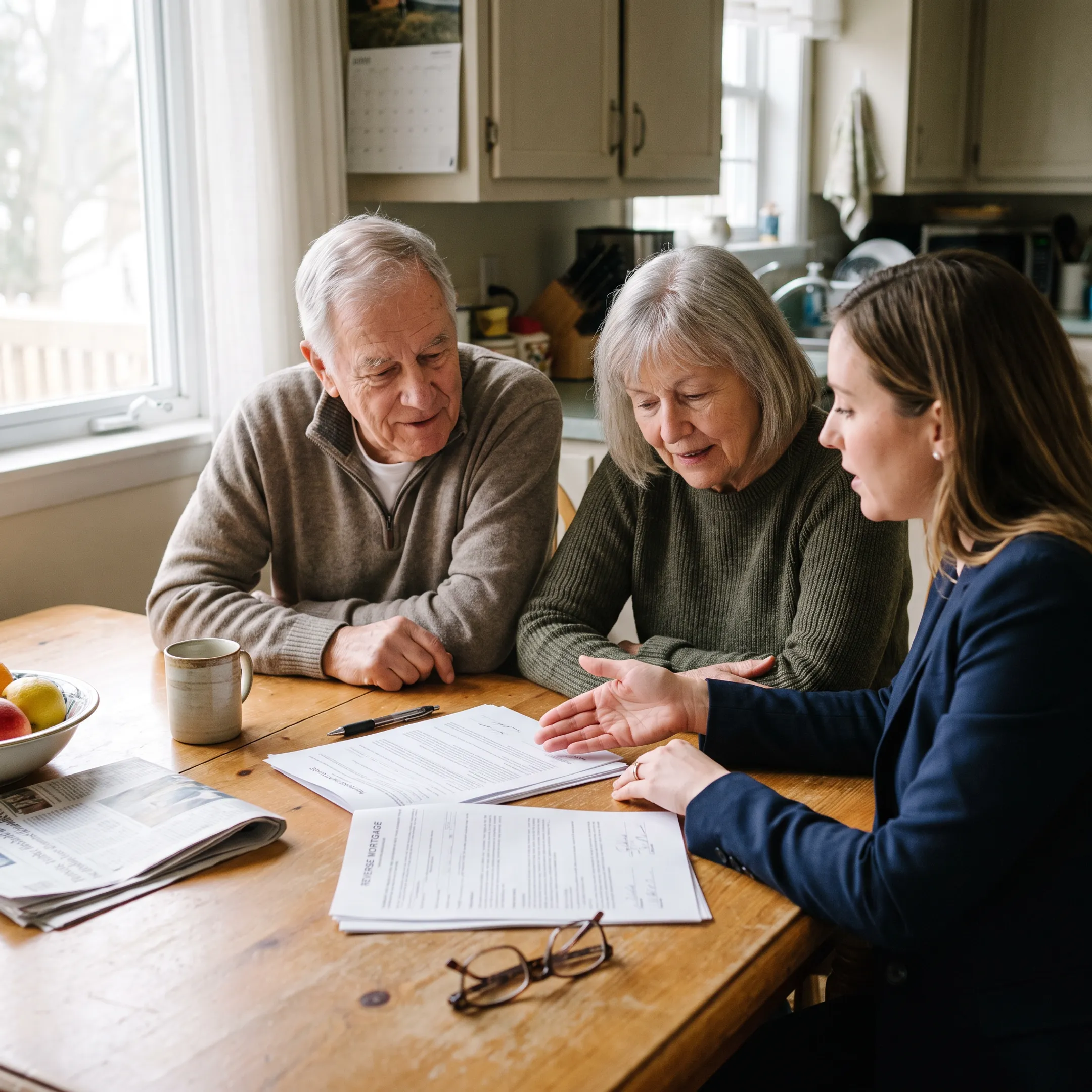 Older couple discussing reverse mortgage options with a mortgage specialist at home