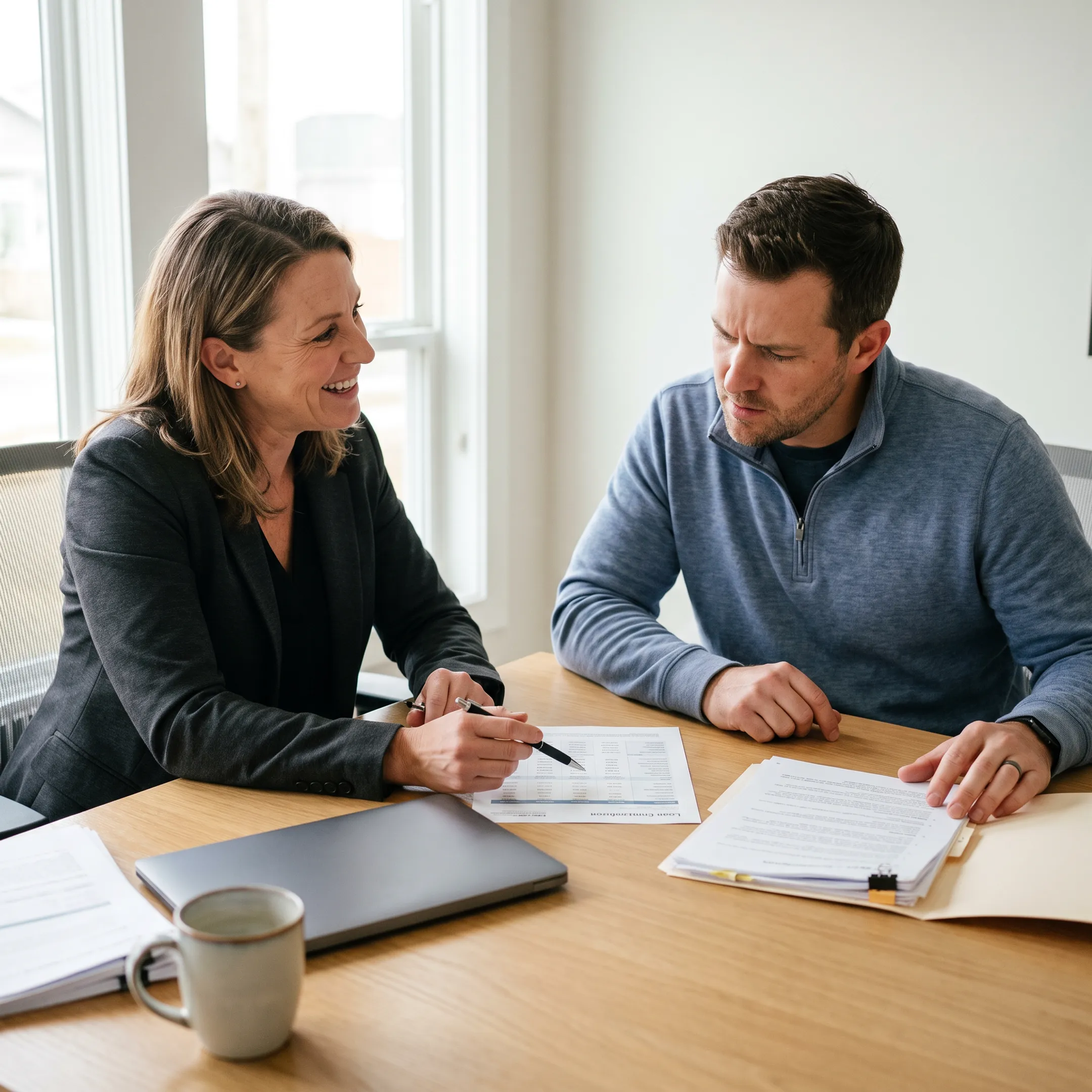 First-time homebuyer reviewing mortgage documents with a lending specialist