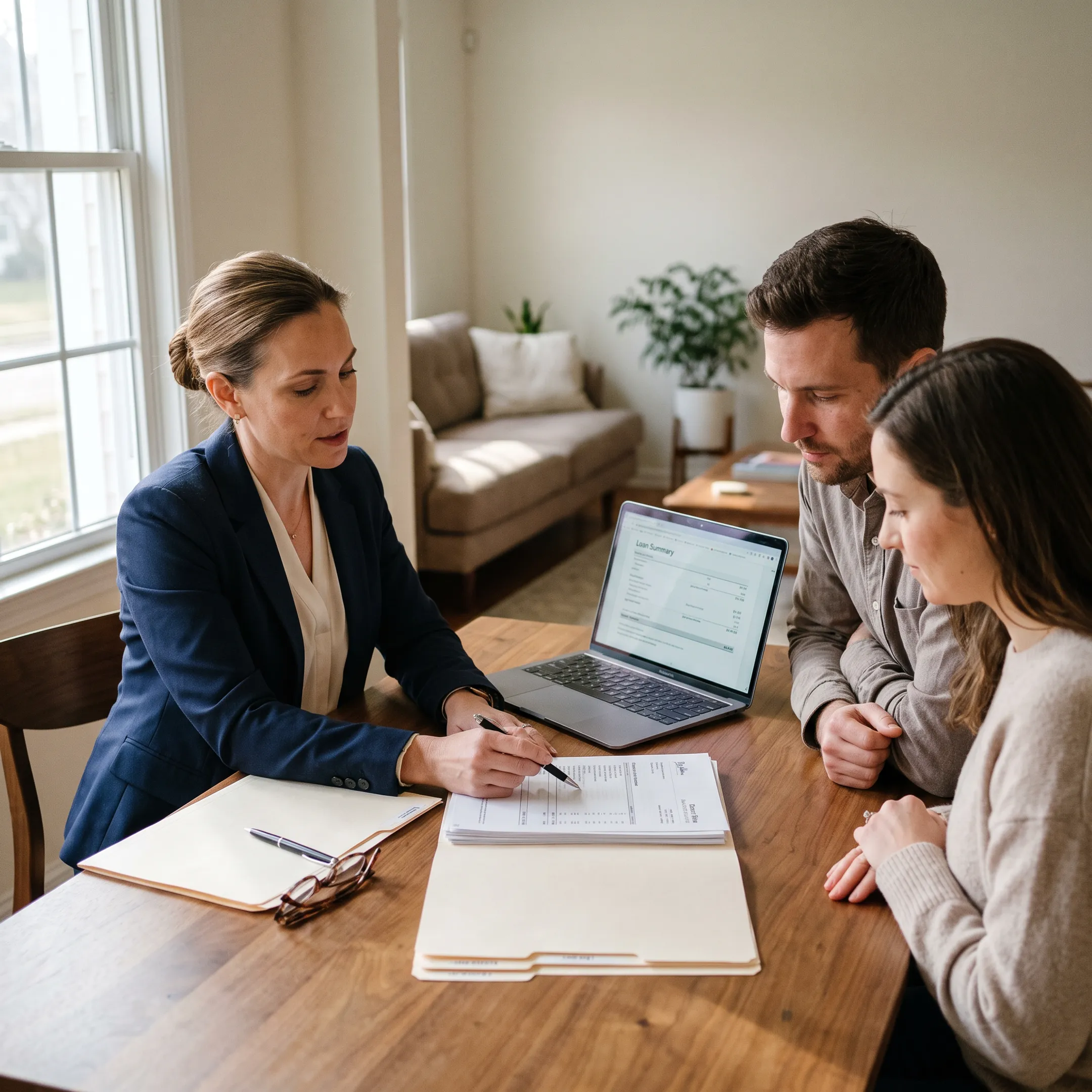 Mortgage professional reviewing jumbo loan documents with New Jersey homebuyers