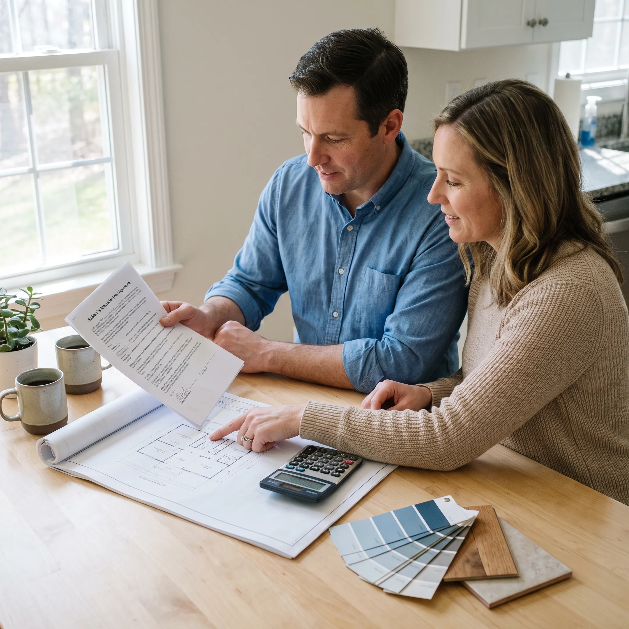 Home renovation planning with mortgage documents and contractor blueprints