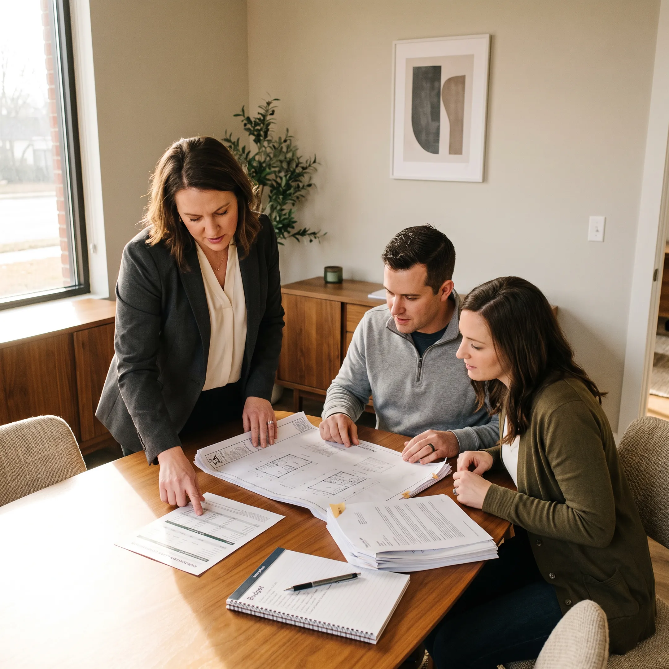 Mortgage advisor explaining renovation loan choices to homeowners