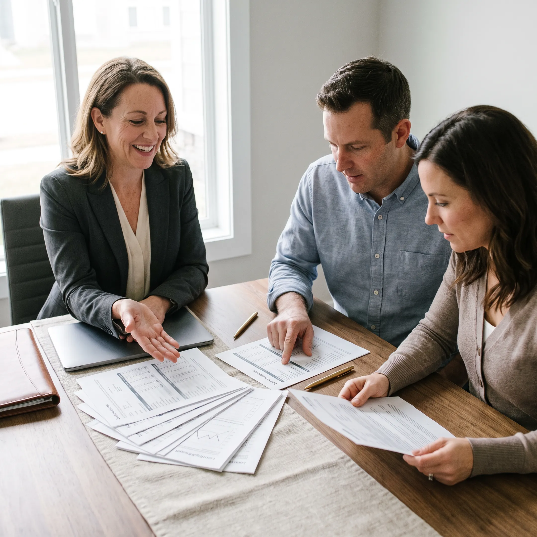 Couple reviewing a mobile home financing budget with a mortgage professional