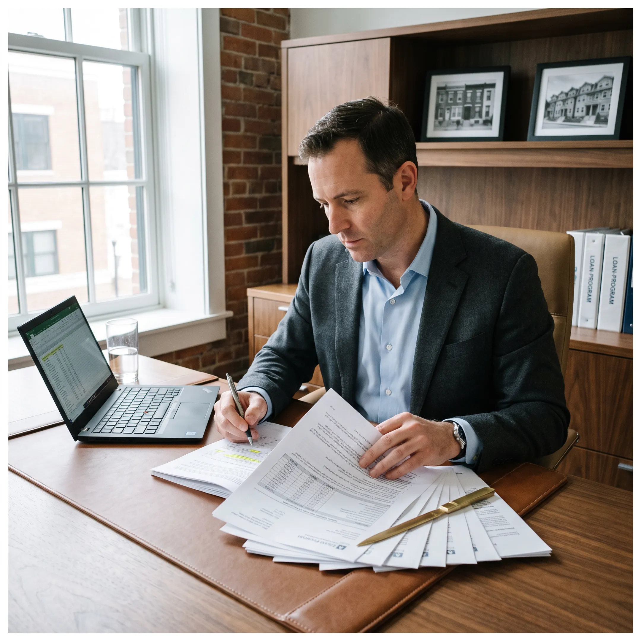 Philadelphia real estate investor reviewing hard money loan documents with a mortgage advisor