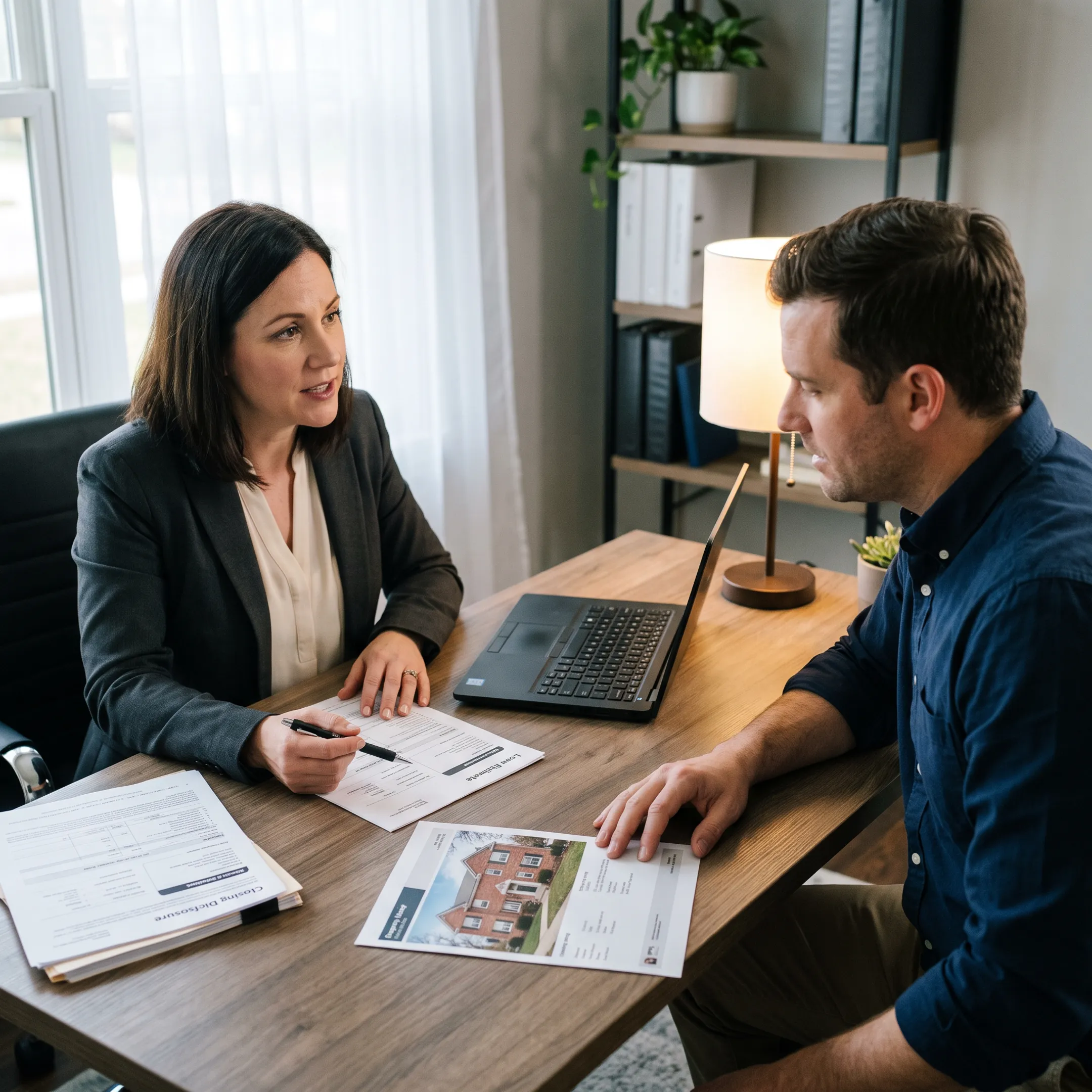 Real estate investor reviewing financing documents with a mortgage professional