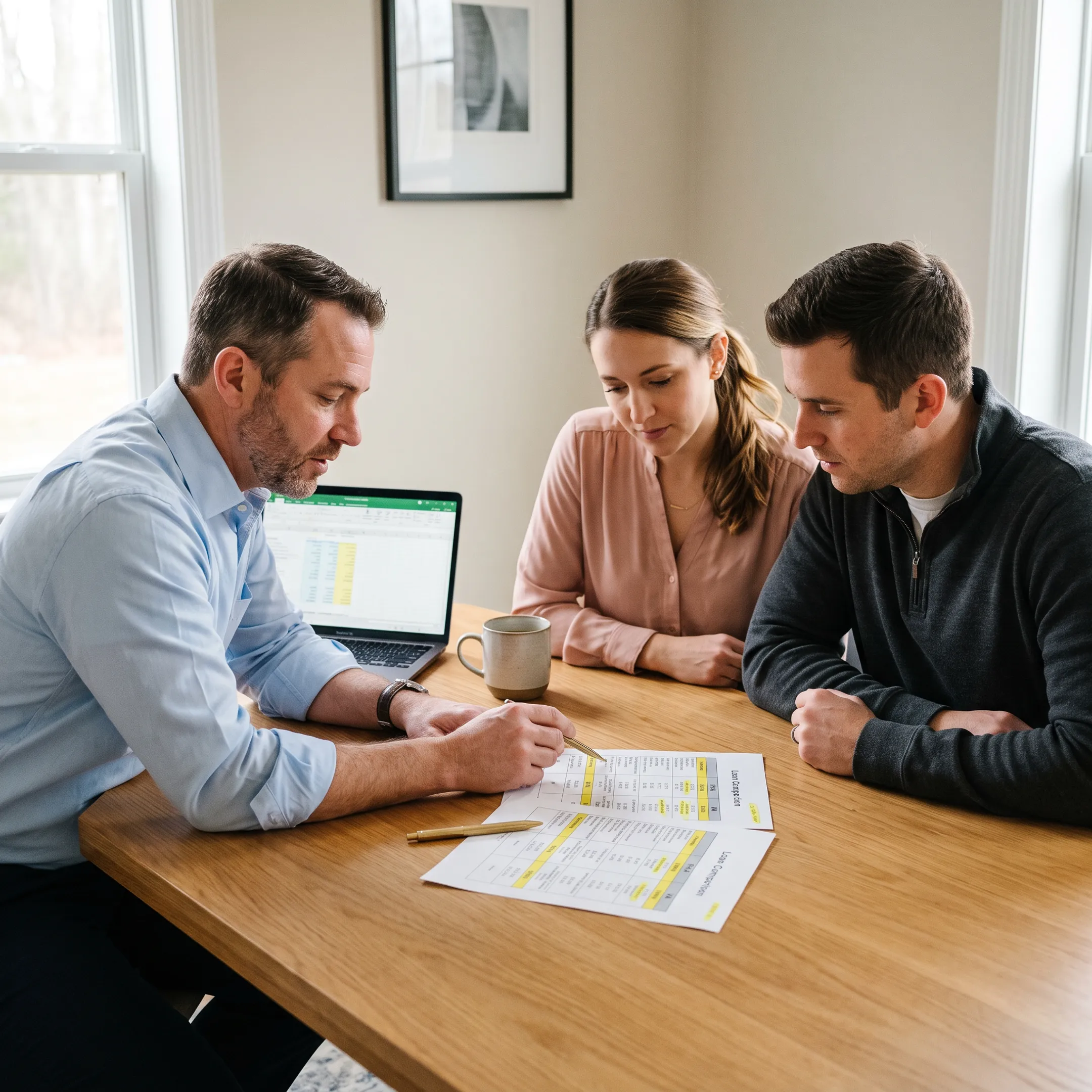 Mortgage advisor explaining first-time buyer loan choices to a couple