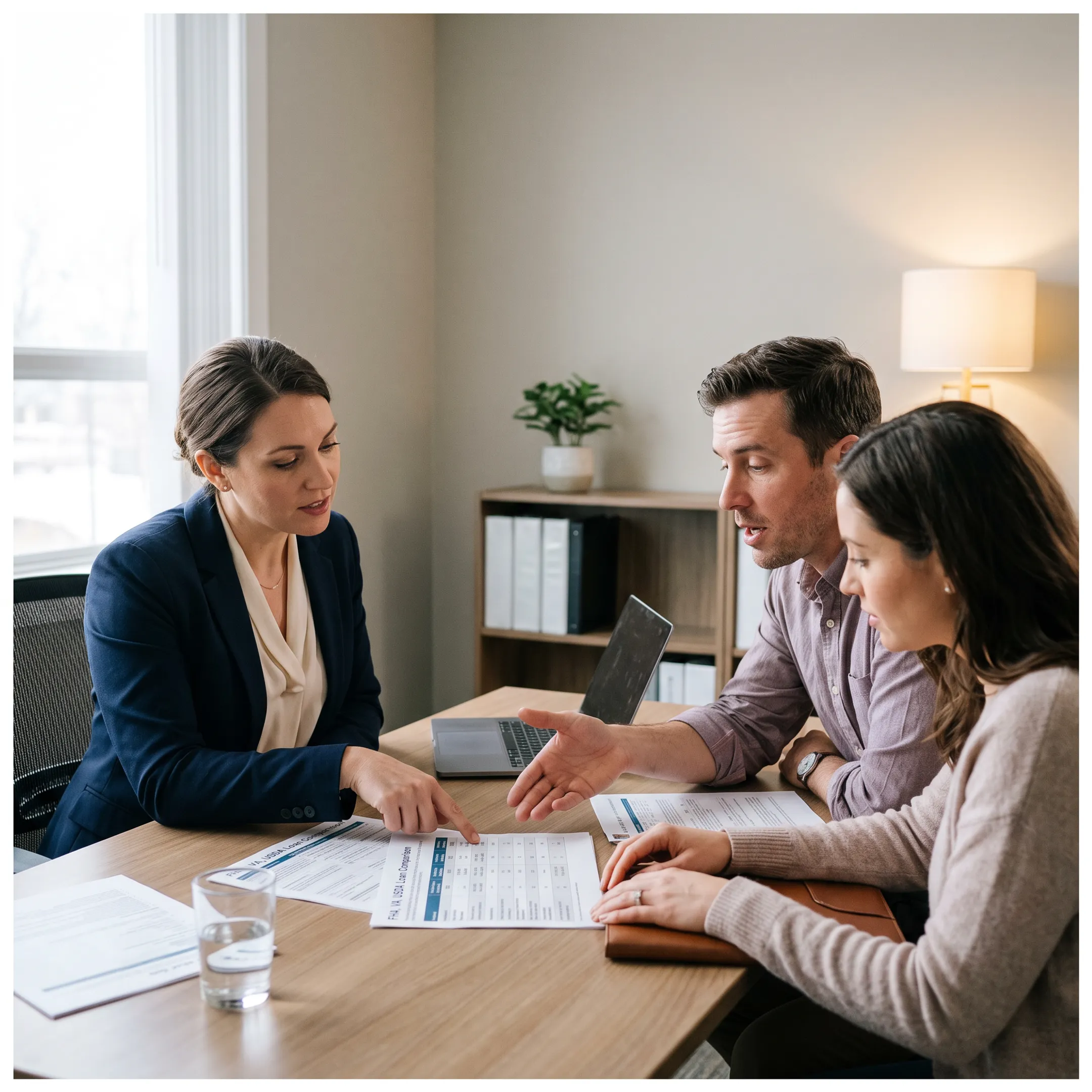 First-time homebuyer reviewing FHA, VA, and USDA mortgage options with a lending advisor