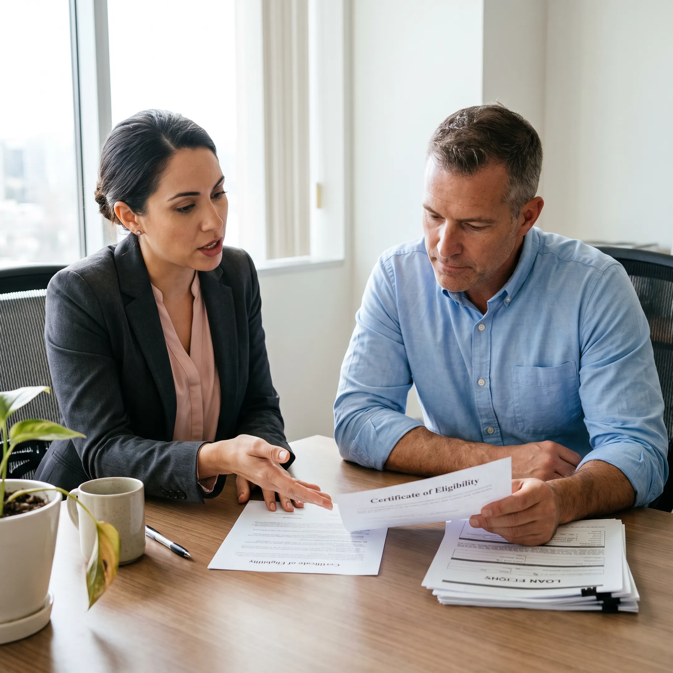 Mortgage advisor reviewing VA loan documents with a veteran homebuyer
