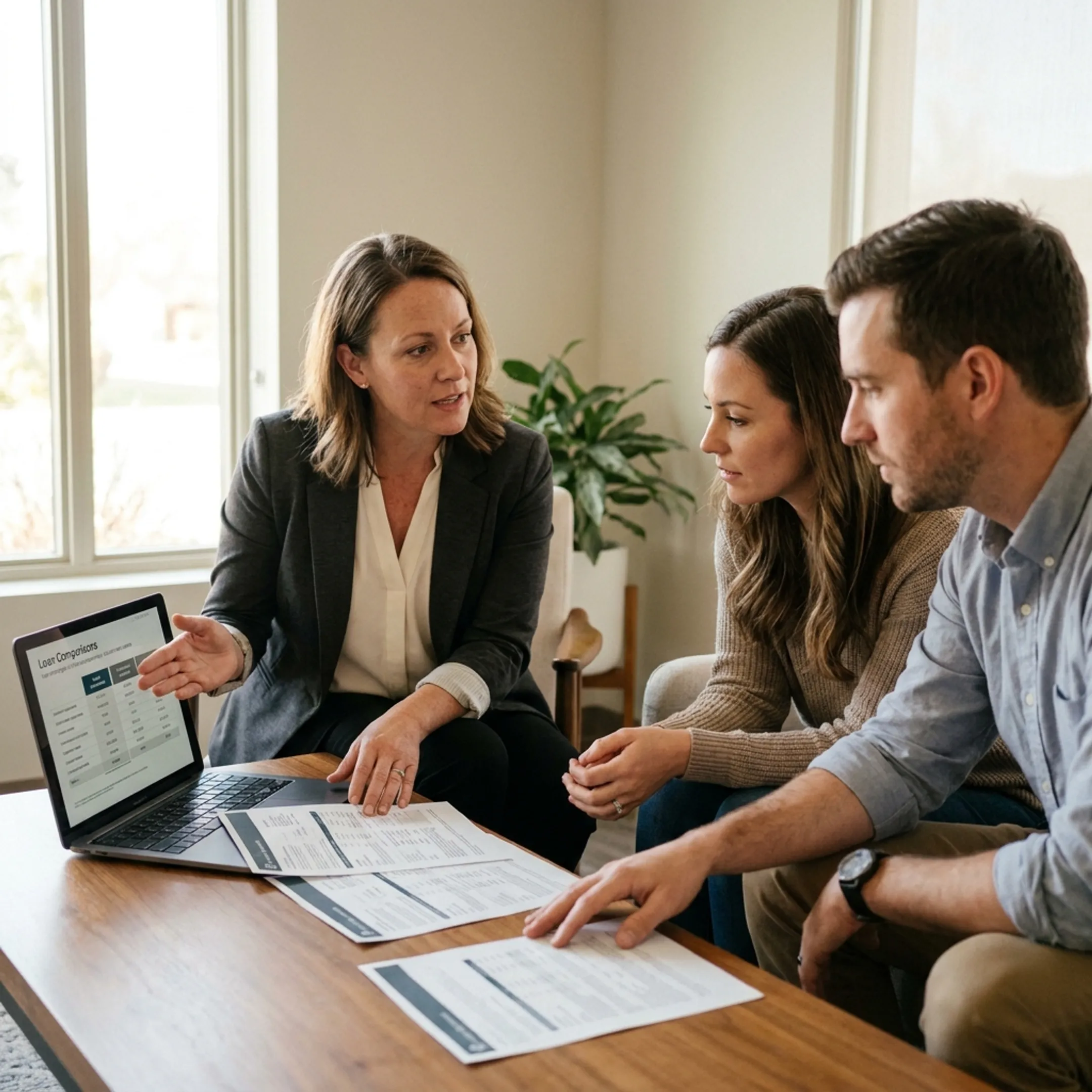 Advisor explaining mortgage choices to a homebuyer