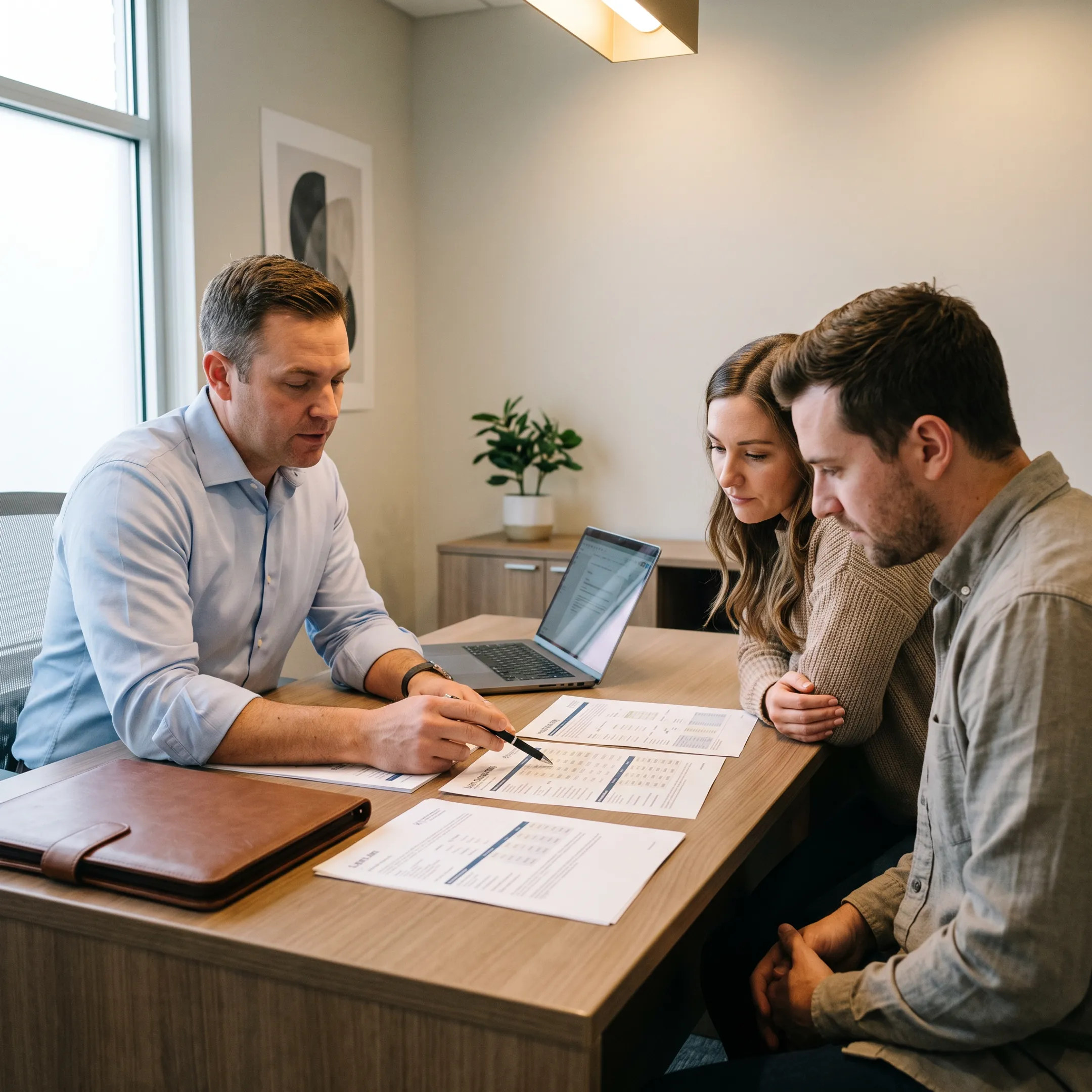 Mortgage professional reviewing home financing options with a couple at a table