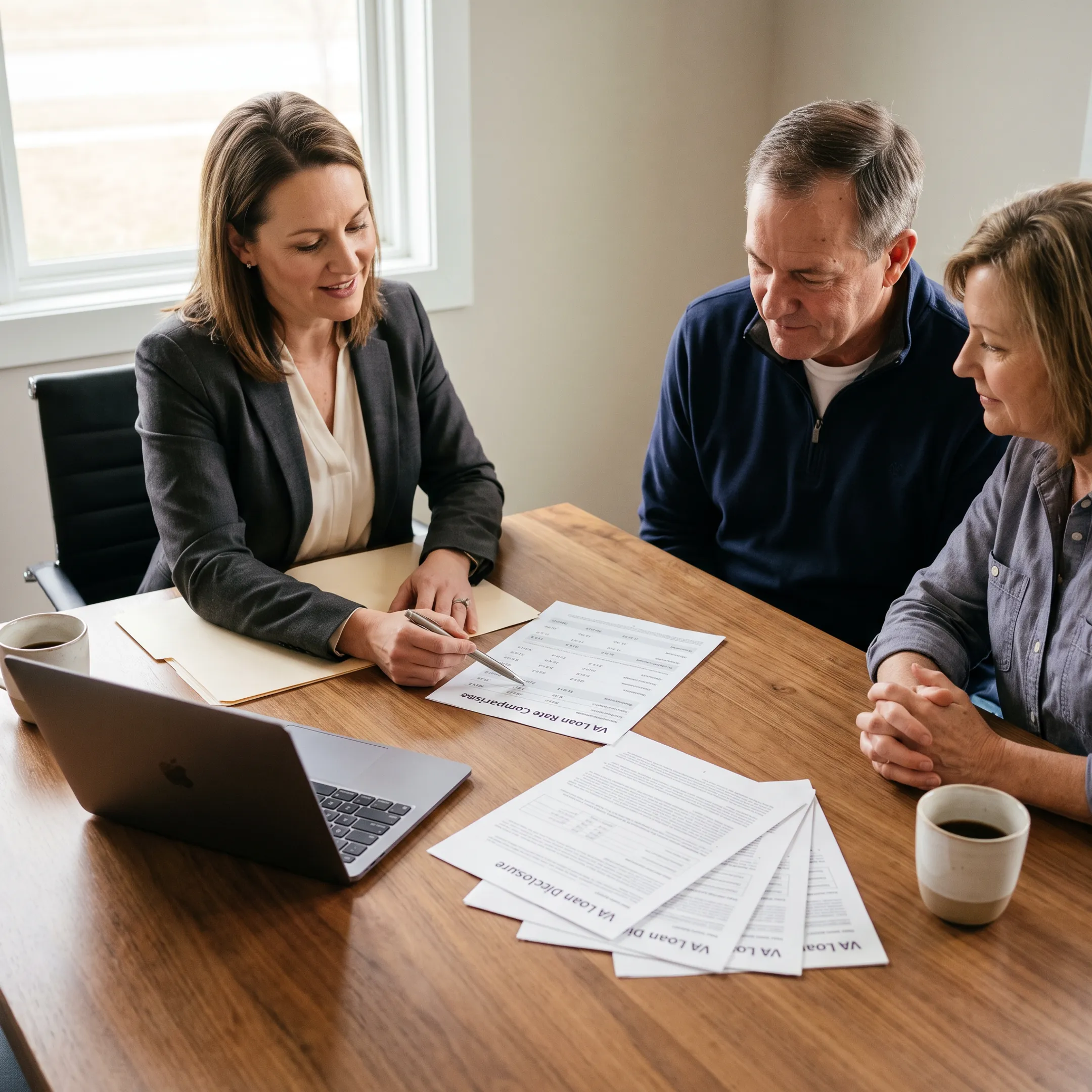 Mortgage professional explaining VA home loan options to a veteran couple